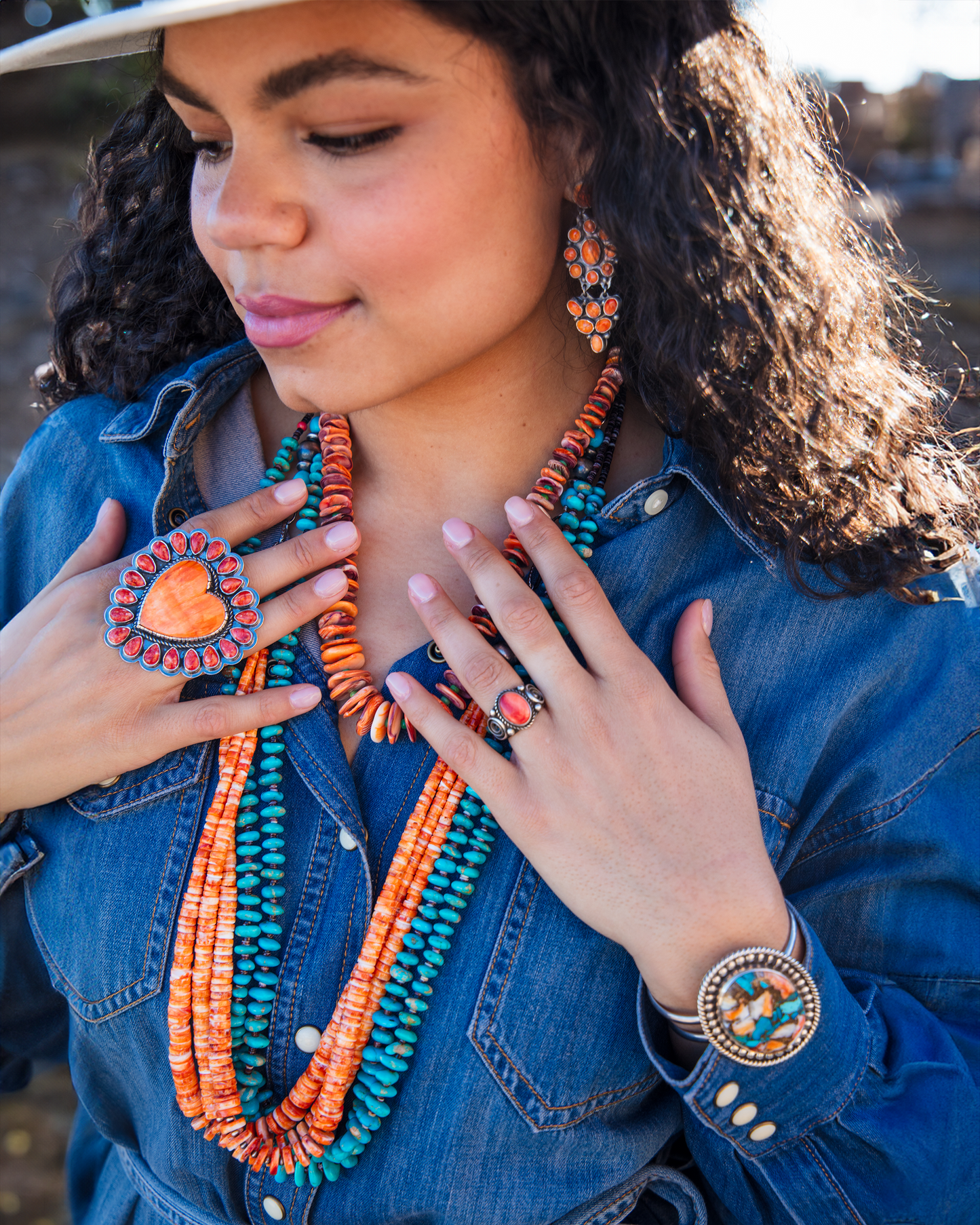 Zia Mountain Three Strand Spiny Oyster Necklace with Sleeping Beauty Turquoise and Pillow Bead Chain