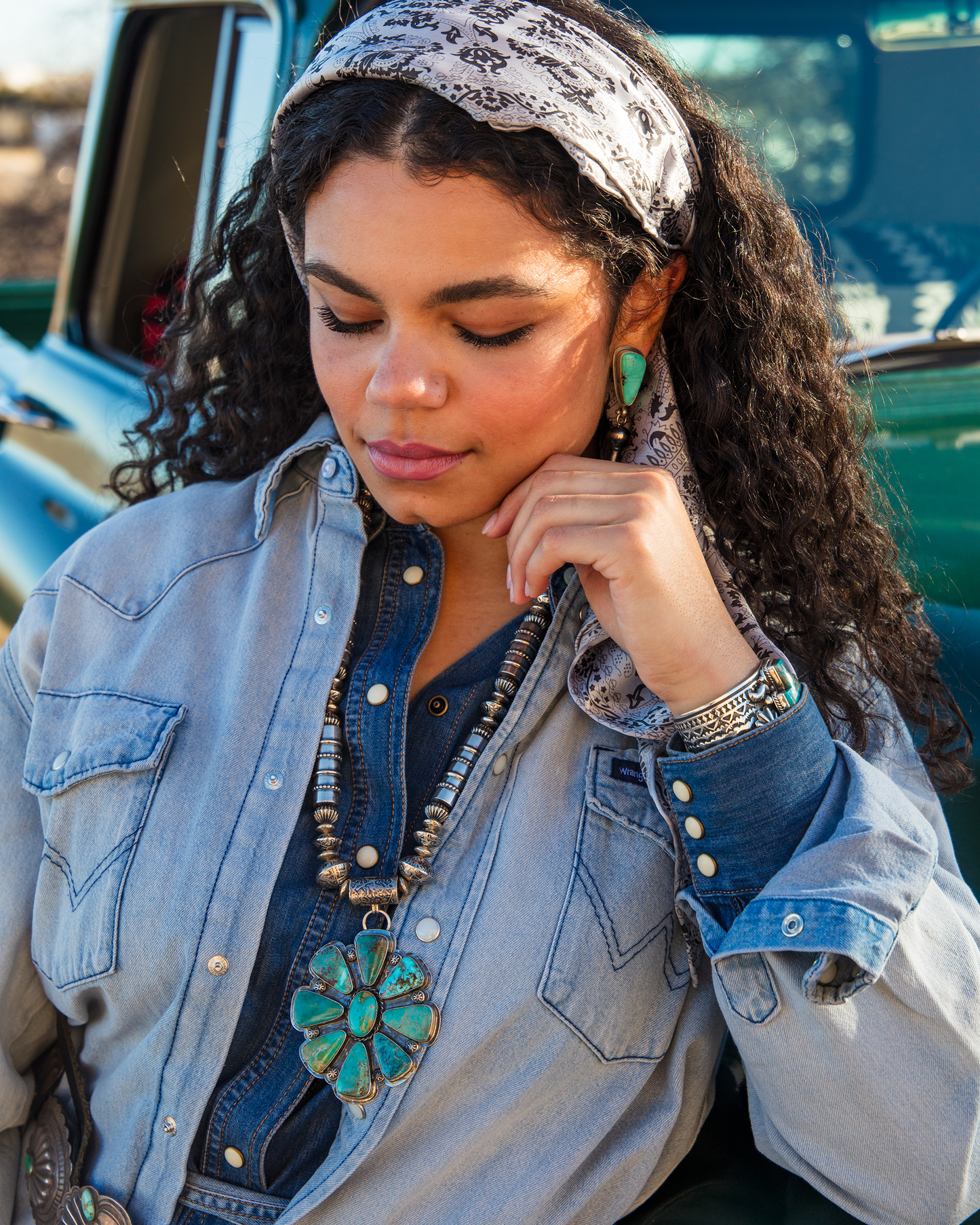 Royston Turquoise Bloom Necklace with Hand-Tooled Barrel Beads by Teller Indian Jewelry