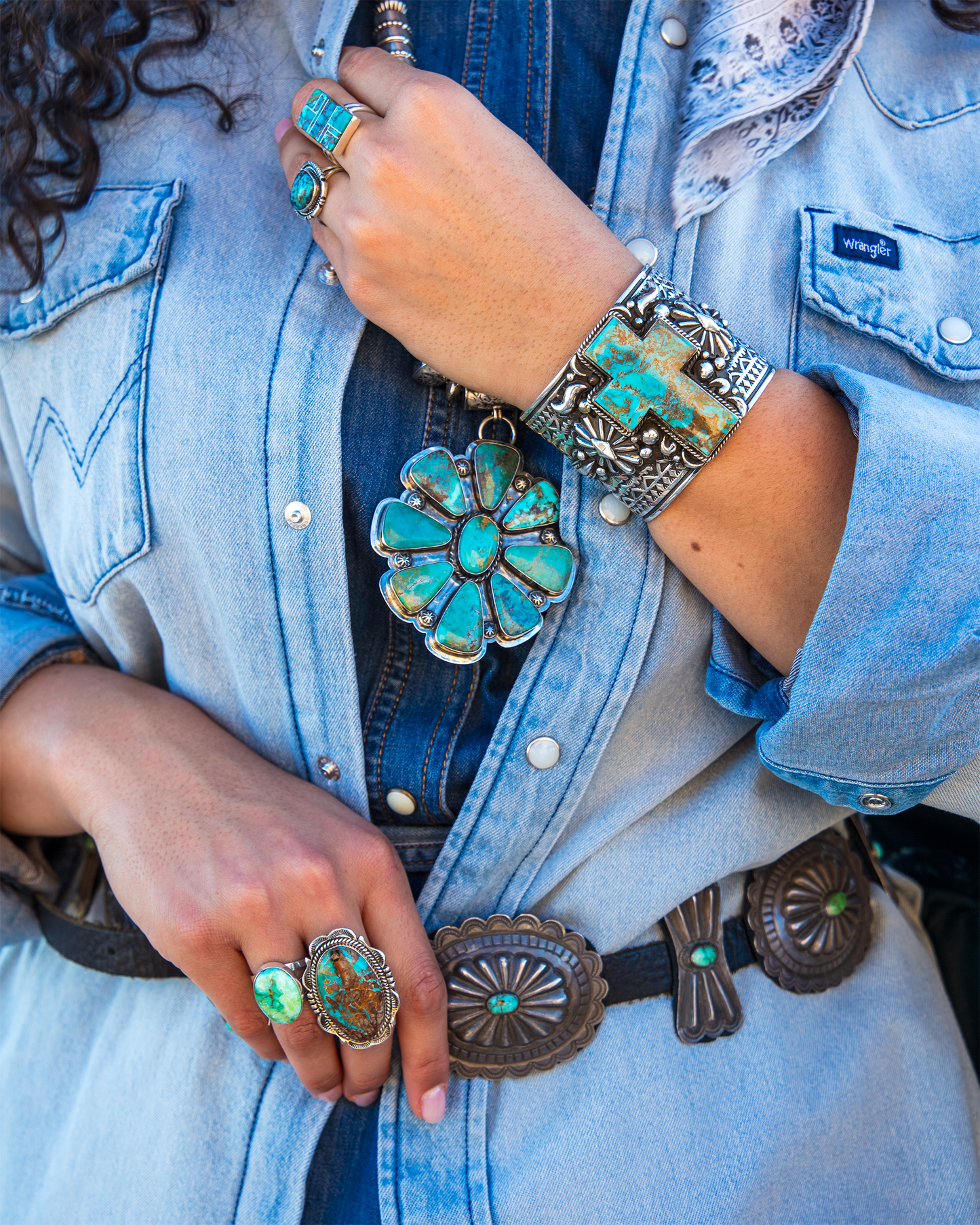 Royston Turquoise Cross Tooled and Stamped Silver Cuff by Albert Jake