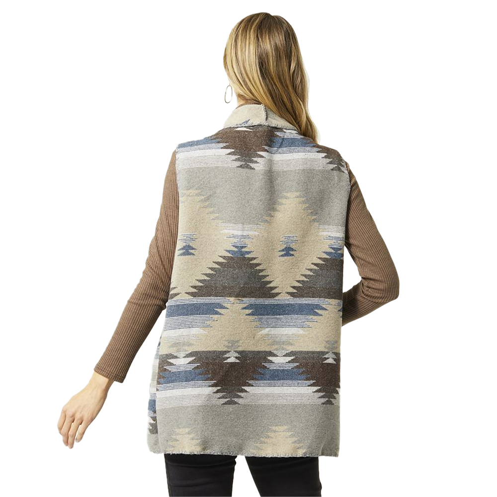 Jadyn Aztec Whipstitch Vest - Taupe/Grey/Blue