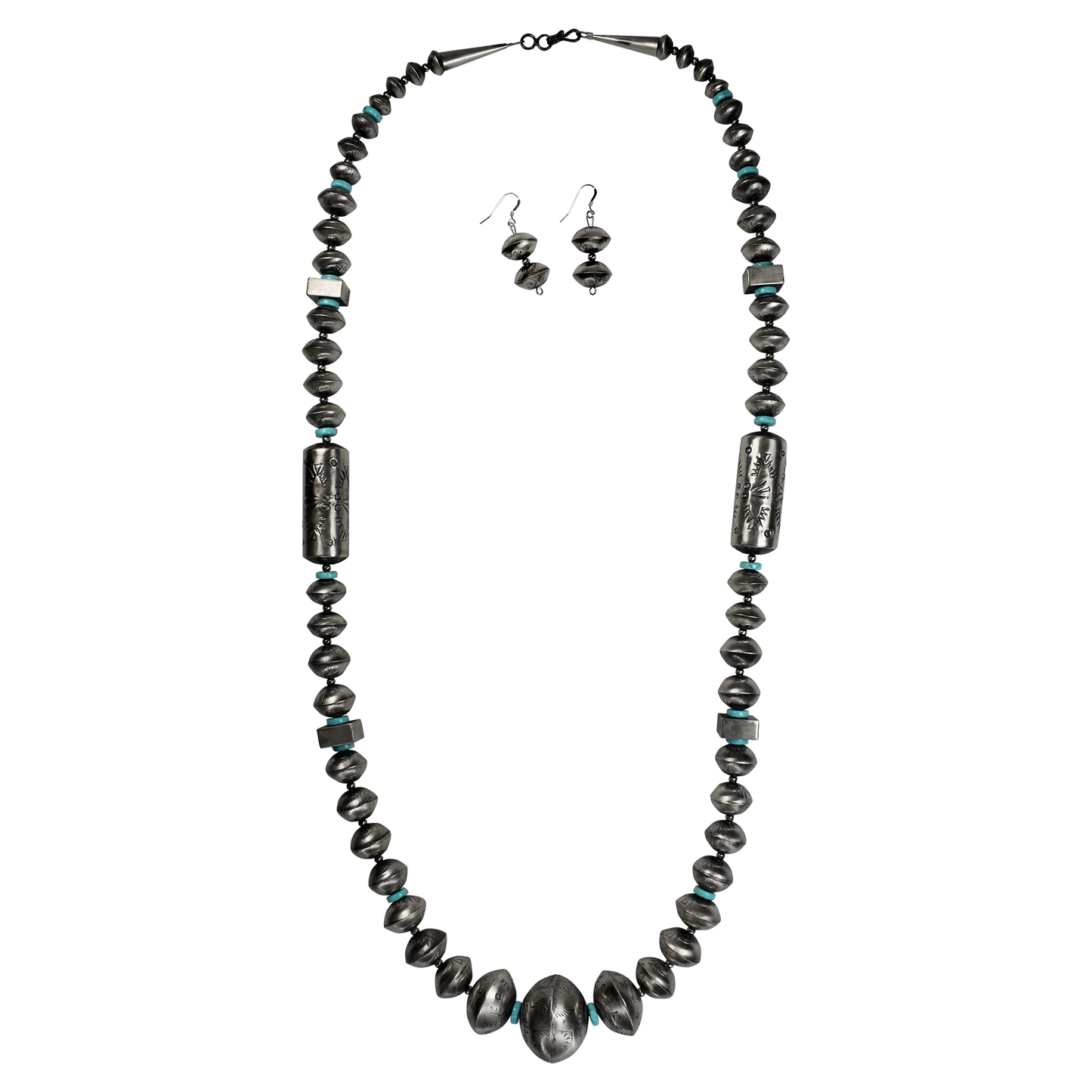 Stamped Pillow Bead and Sleeping Beauty Turquoise Necklace & Earring Set by Carolyn Nez