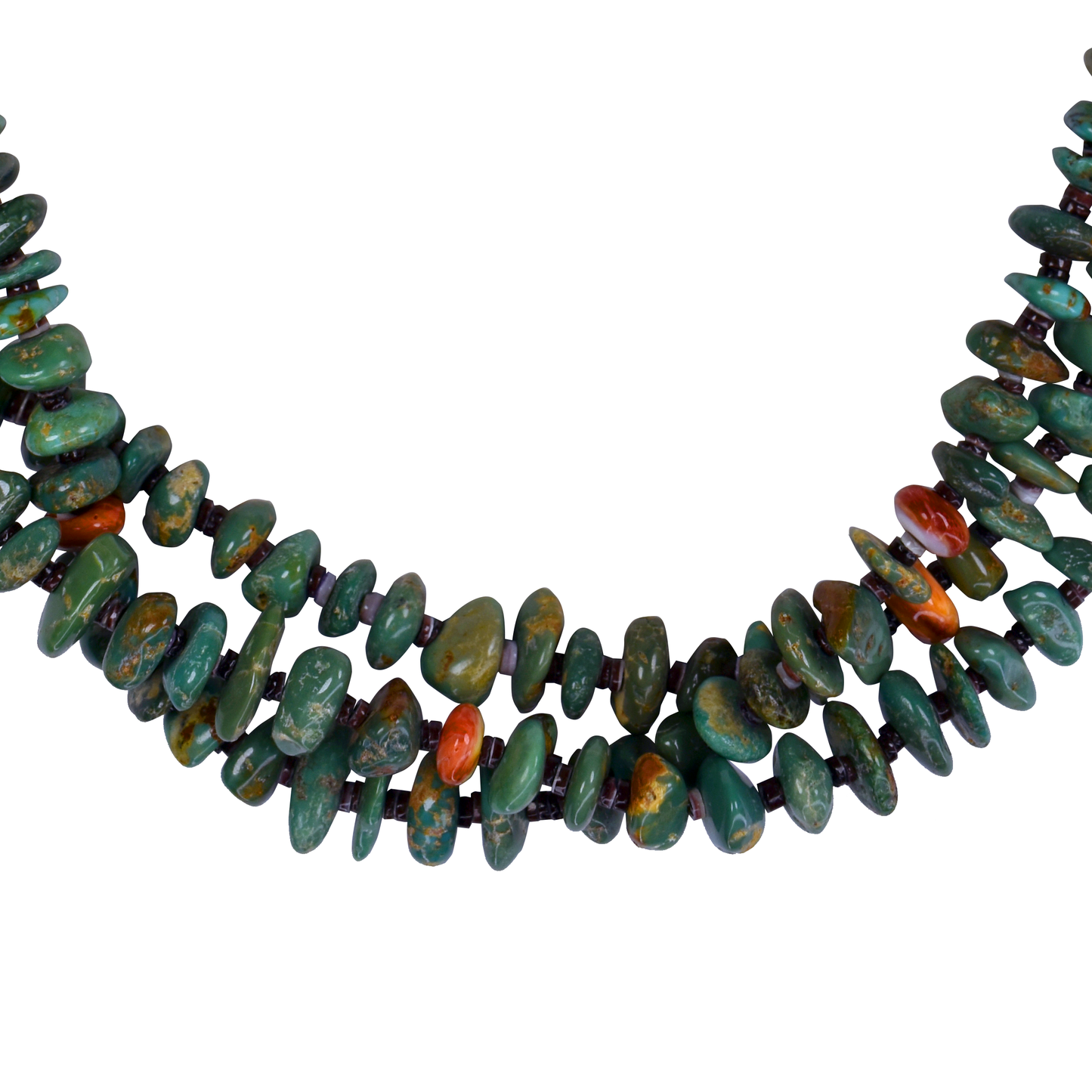 Three Strand Fox Turquoise & Spiny Oyster Necklace by Teller Indian Jewelry