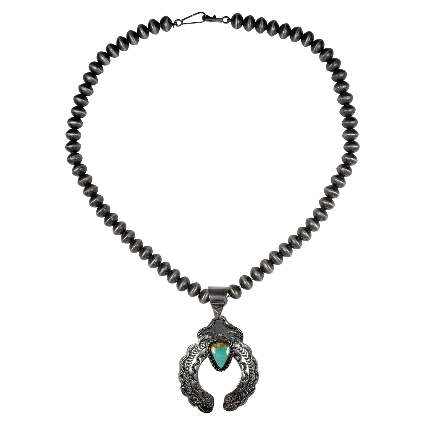 22" Pillow Bead Necklace with Hand-Stamped Royston Turquoise Pendant by Tillie Jon