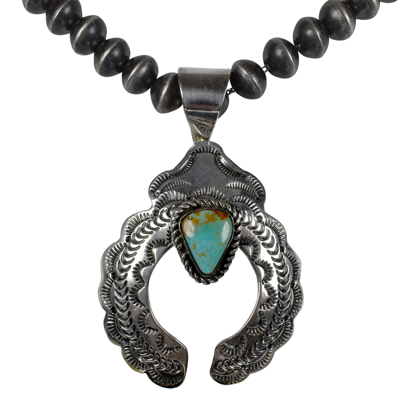 22" Pillow Bead Necklace with Hand-Stamped Royston Turquoise Pendant by Tillie Jon