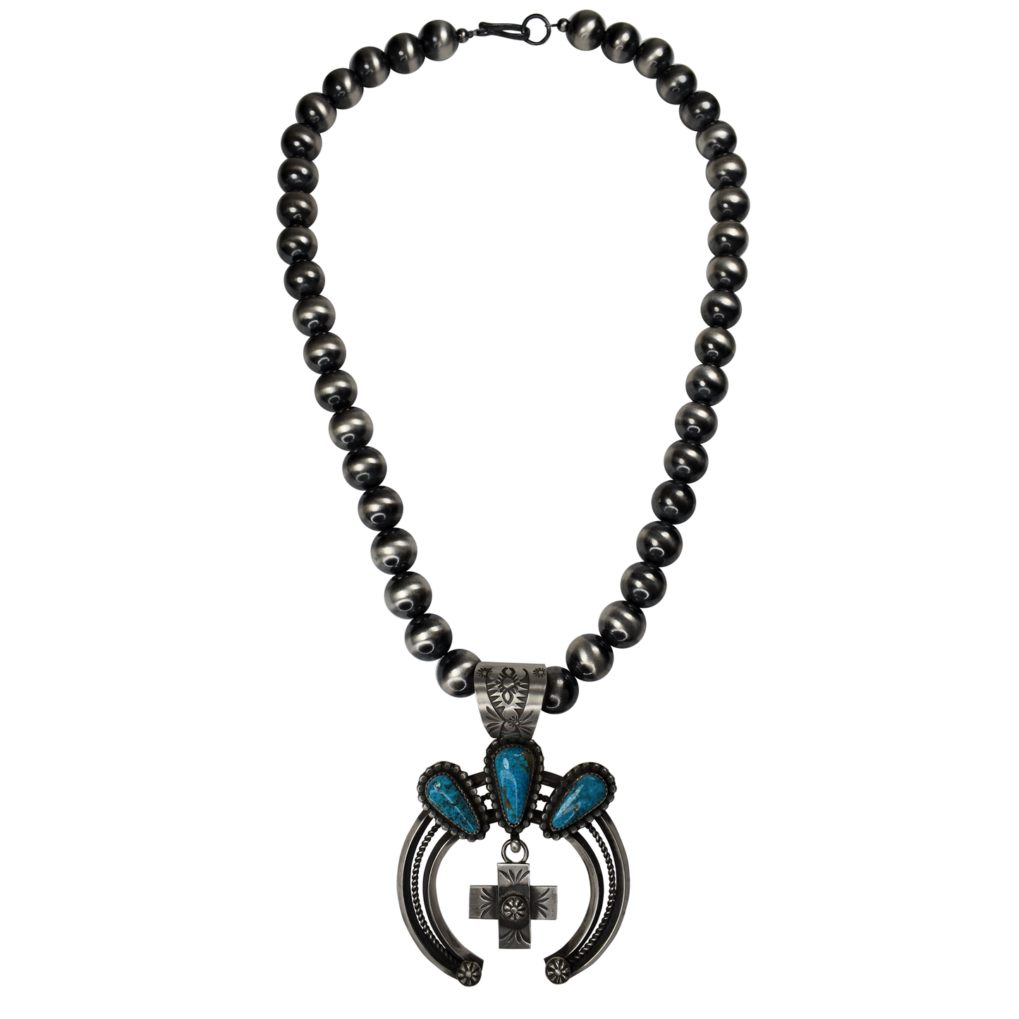 Navajo Pearl Necklace with Kingman Turquoise Cross Pendant by Delbert Secatero