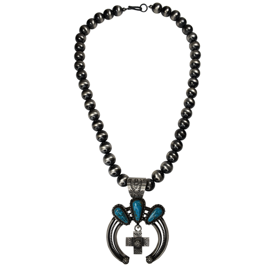 Navajo Pearl Necklace with Kingman Turquoise Cross Pendant by Delbert Secatero