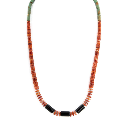 Spiny Oyster, Jet, and Royston Turquoise Beaded Necklace by Eunice Begay