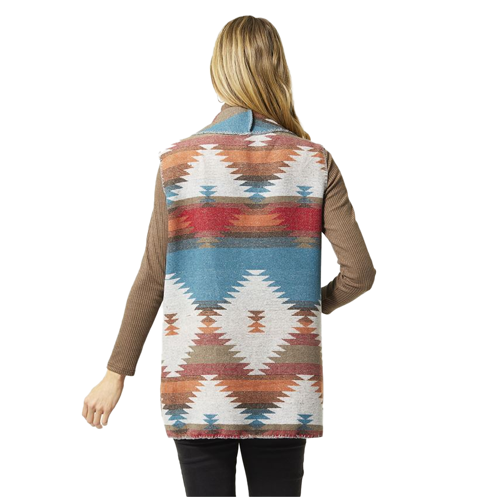 Jadyn Aztec Whipstitch Vest - Teal/Red/Rust