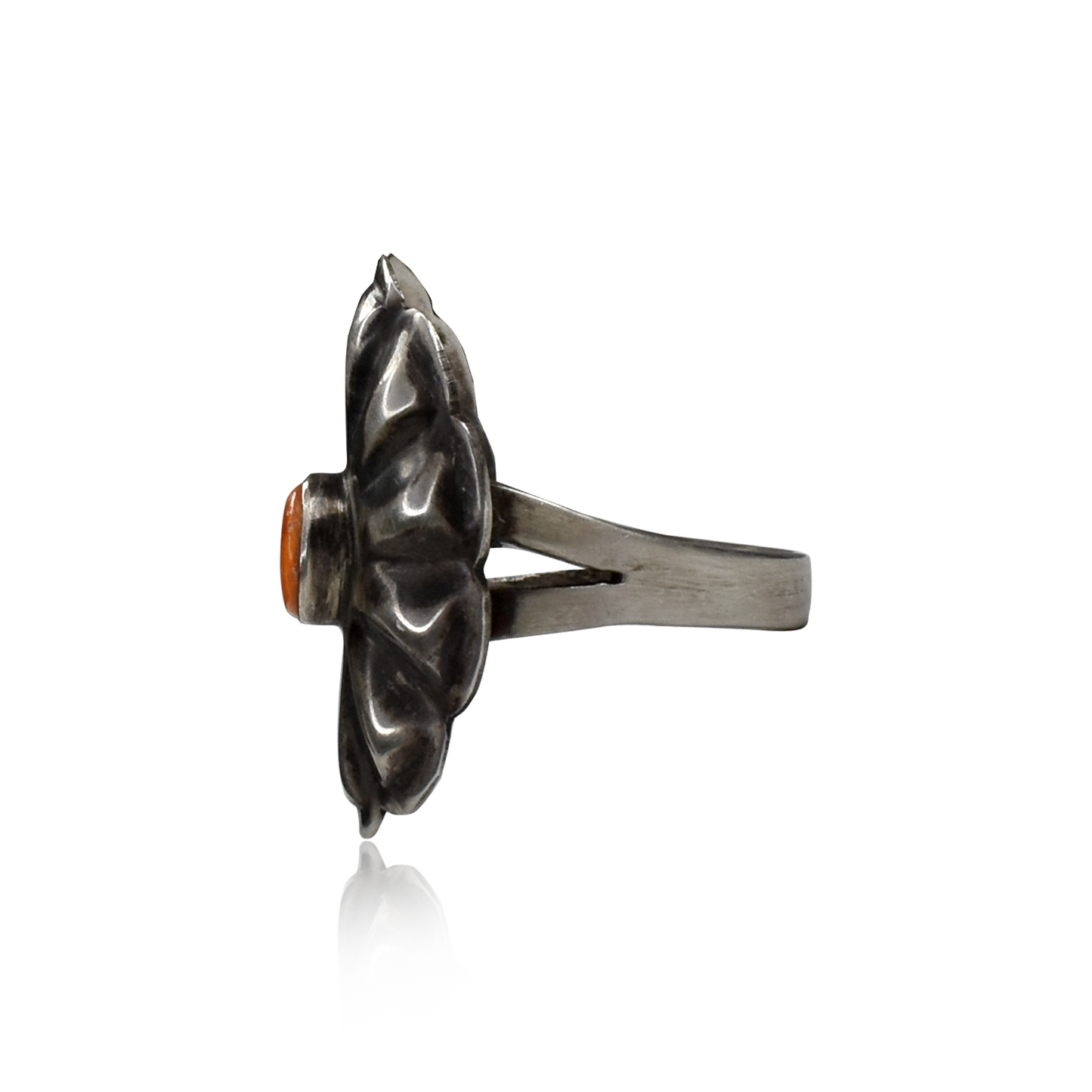 Hand-Tooled Silver Shield Ring with Spiny Oyster Inlay