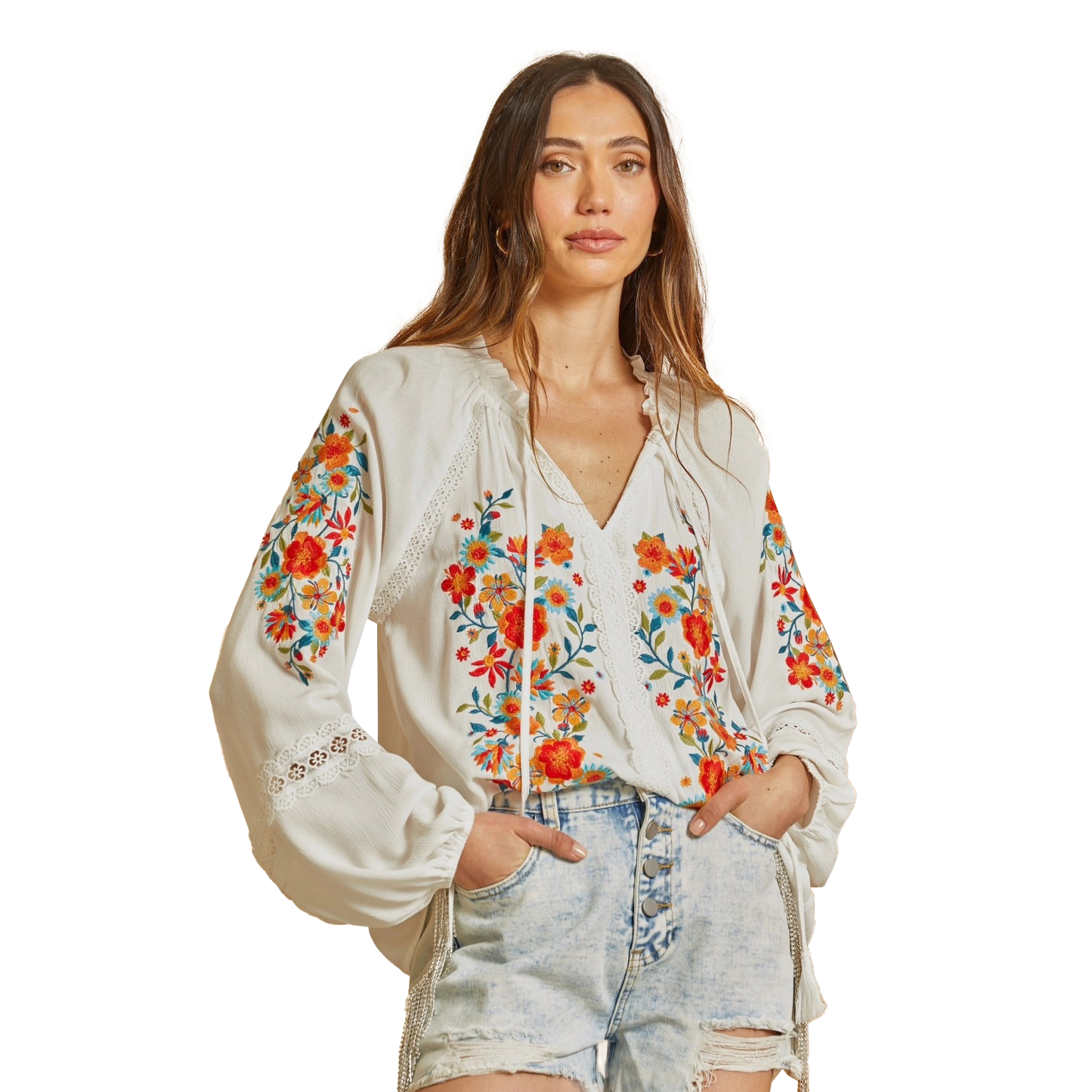 Lucy Embroidered Tunic with Lace Inset