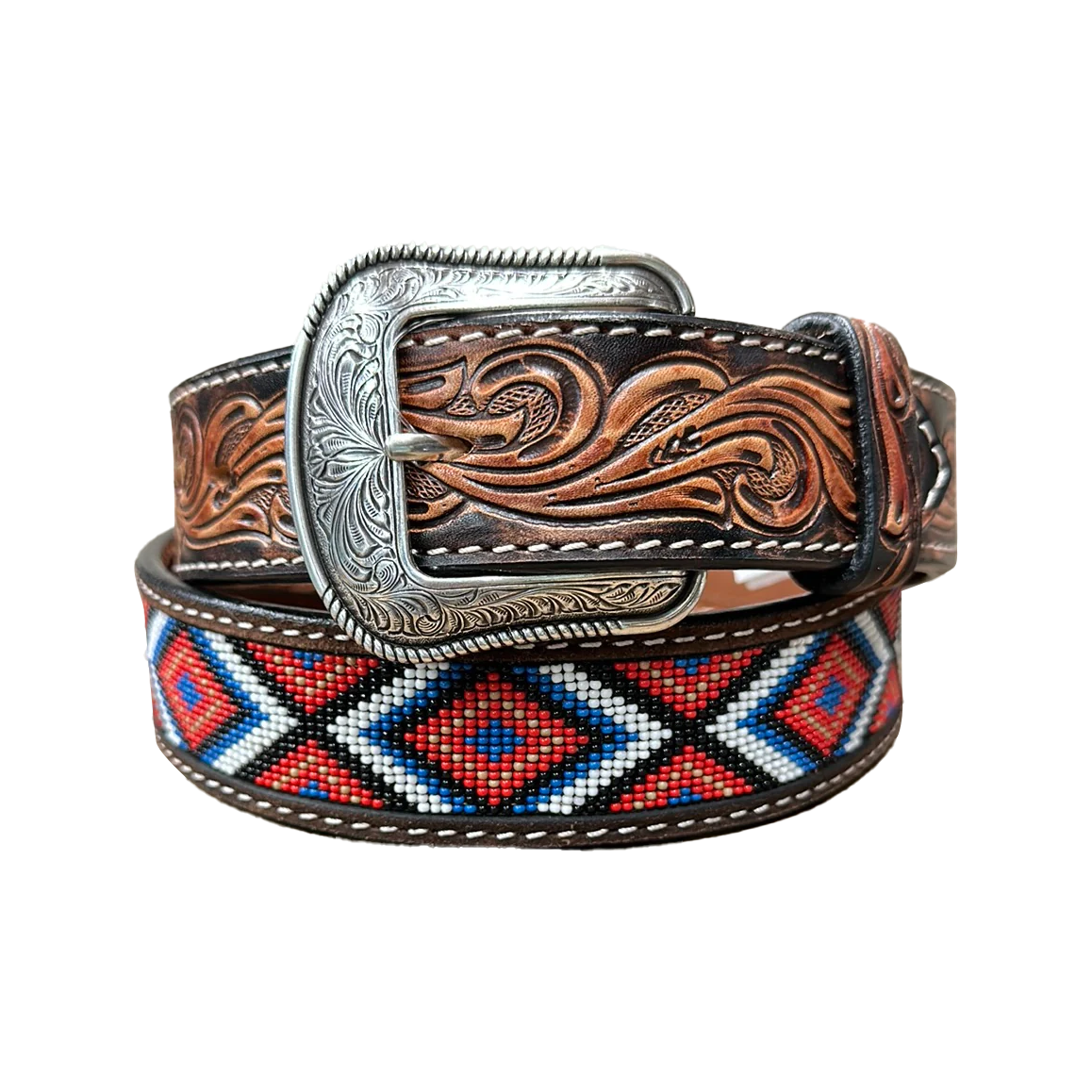 Men's 3D Tooled Red Diamond Beaded Inlay Belt