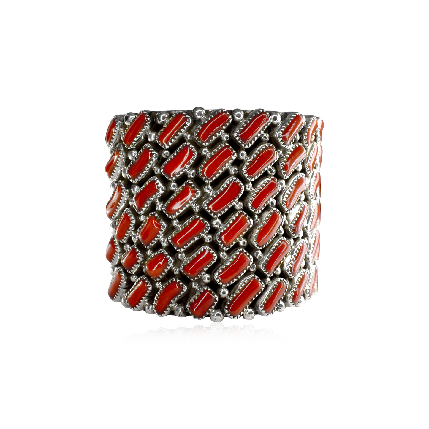 Sea of Japan Baguette Cut Coral and Sterling Silver Cuff by Marlene Haley