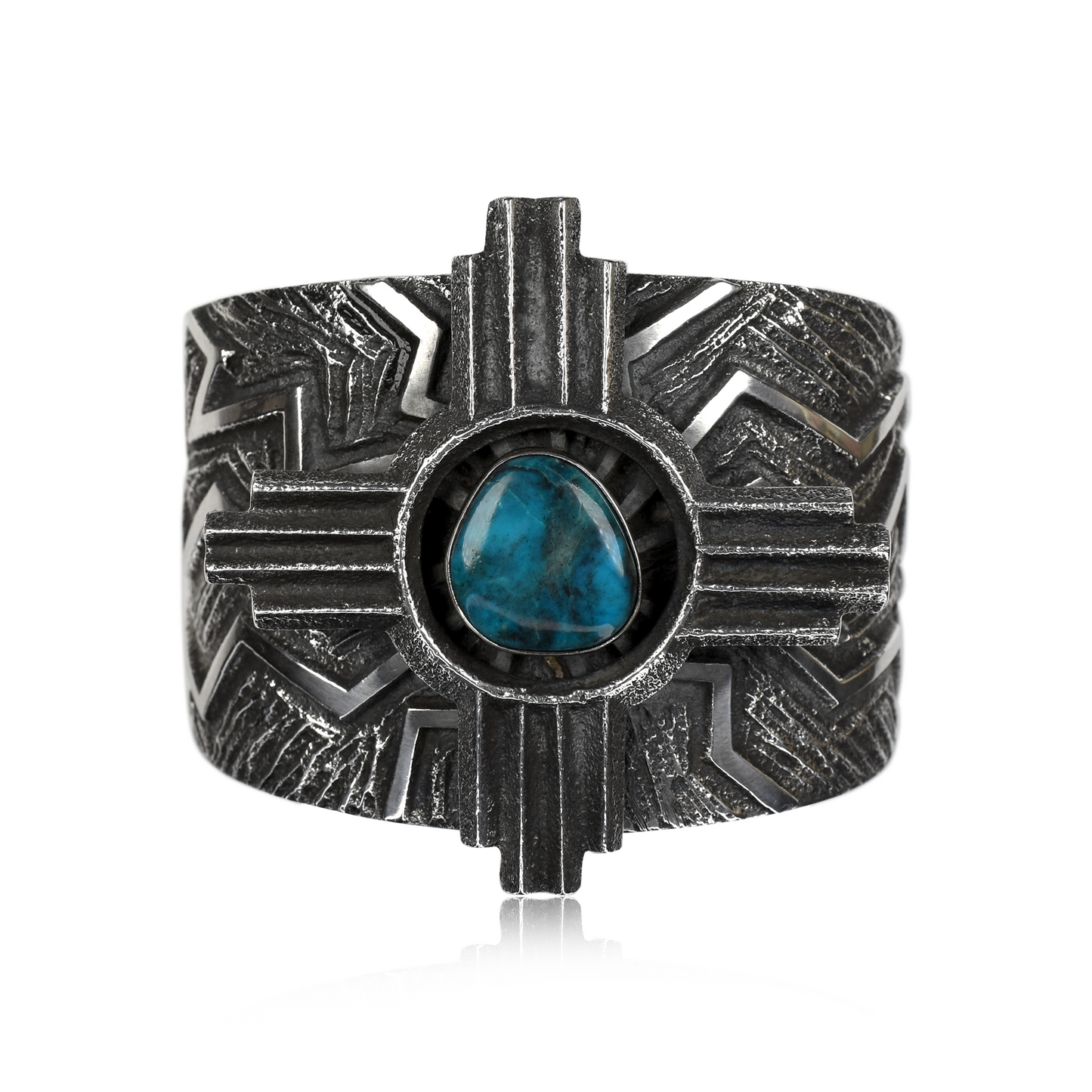 Tufa Cast Navajo Cross Cuff with Bisbee Turquoise by Kevin Yazzie
