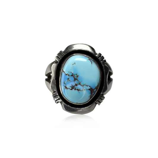 Golden Hill Turquoise Hand-Tooled Oval Ring with Two-Pronged Band by Etta Endito