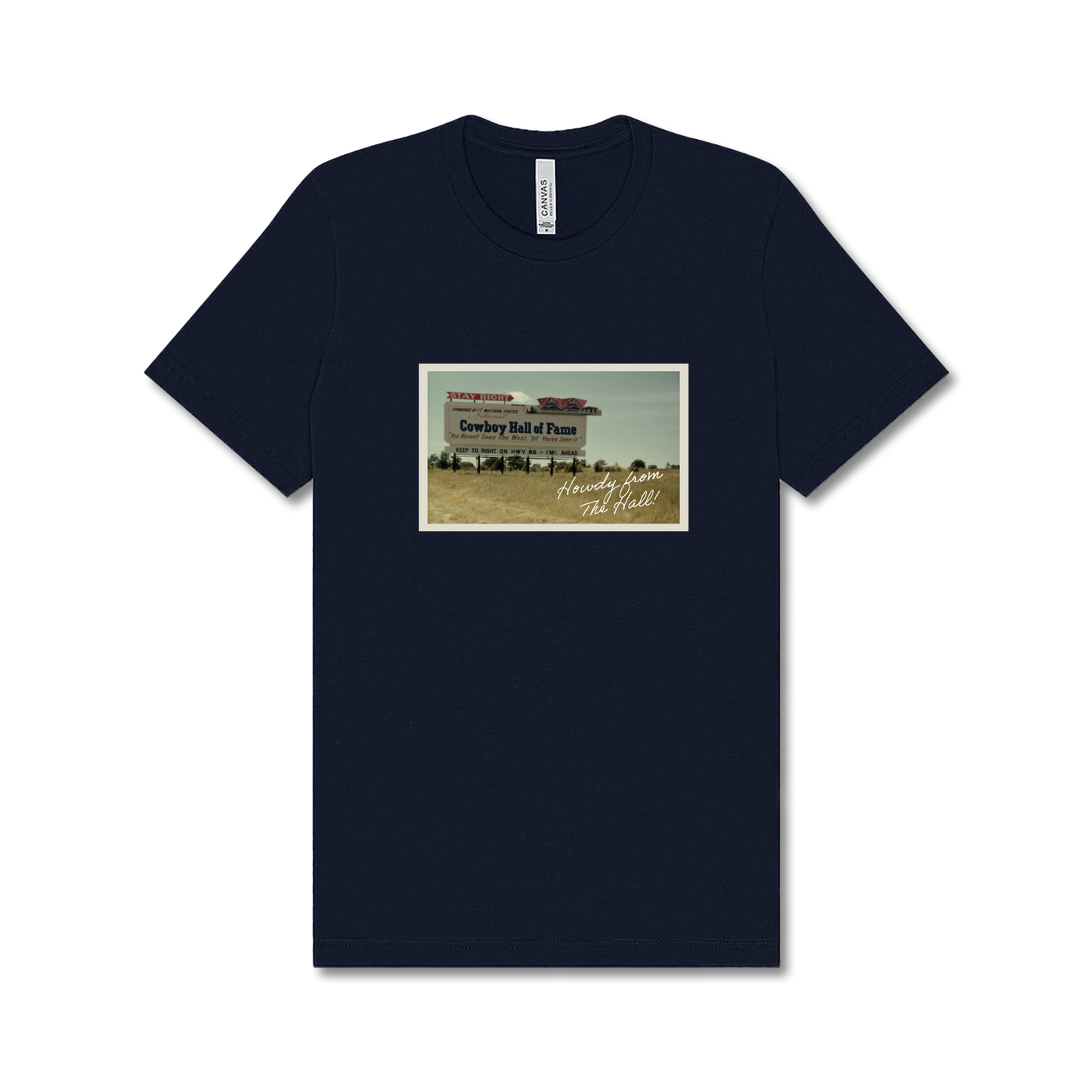 Vintage Cowboy Hall of Fame Billboard Postcard Tee - Navy