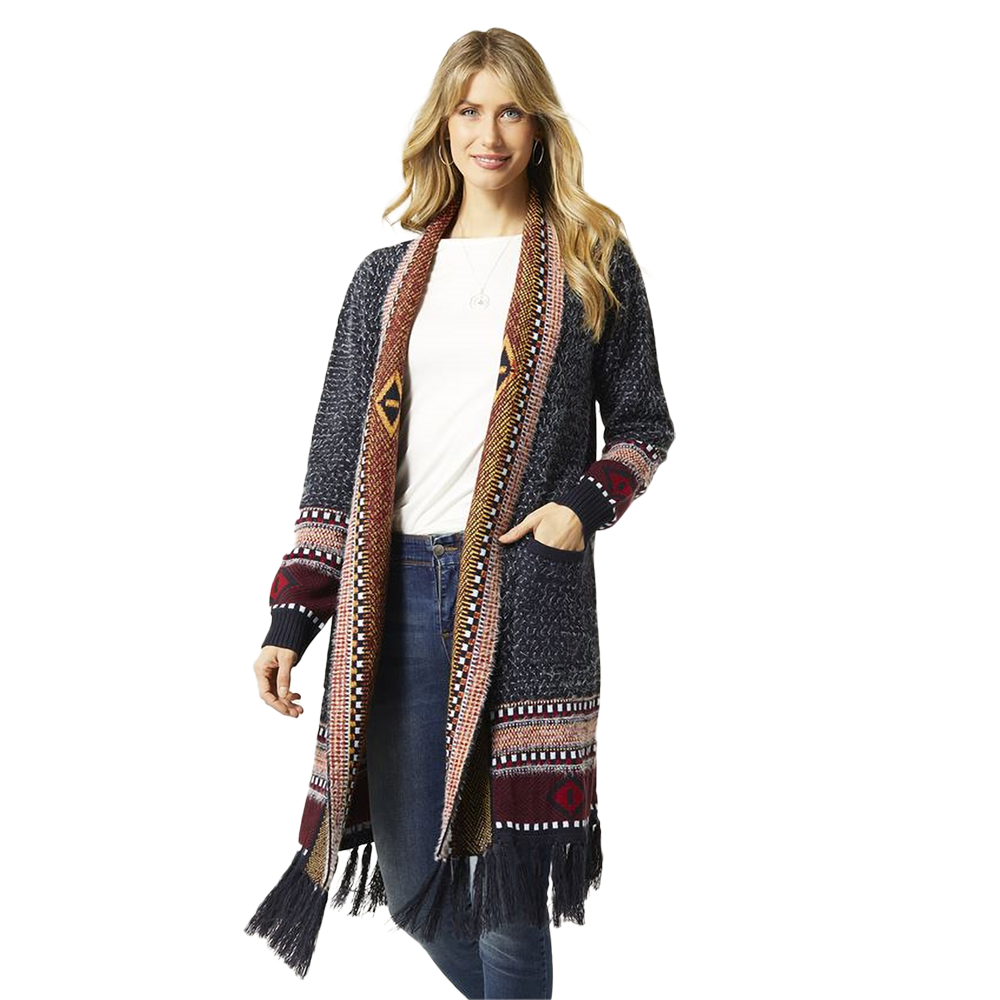 Dahlia Cardigan with Aztec Trim - Navy and Wine