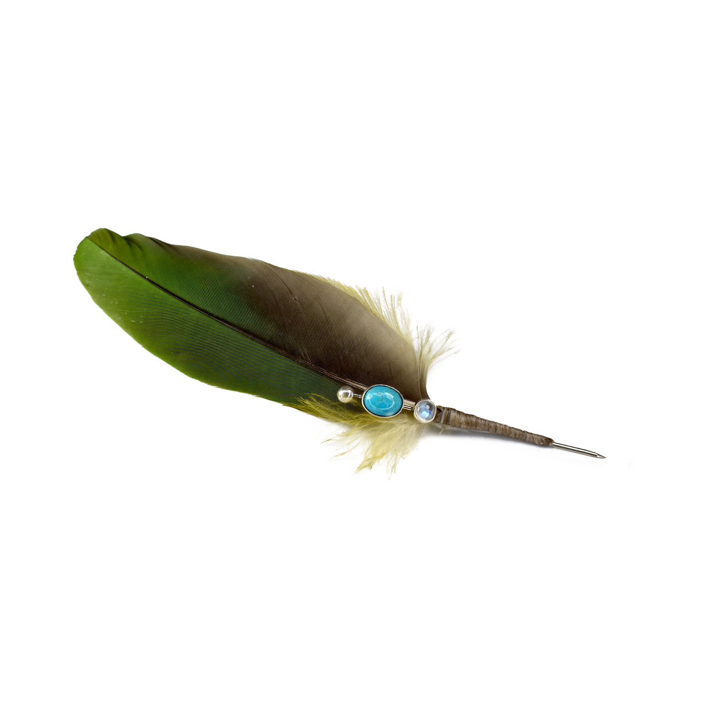 Hallett Peak Military Macaw Feather Hat Pin with Kingman Turquoise and Moonstone