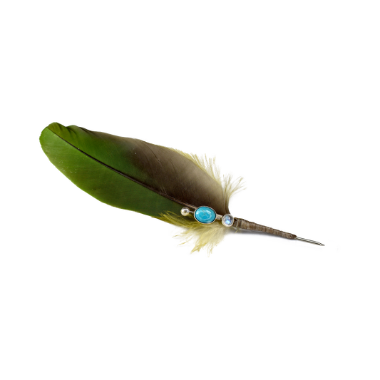 Hallett Peak Military Macaw Feather Hat Pin with Kingman Turquoise and Moonstone
