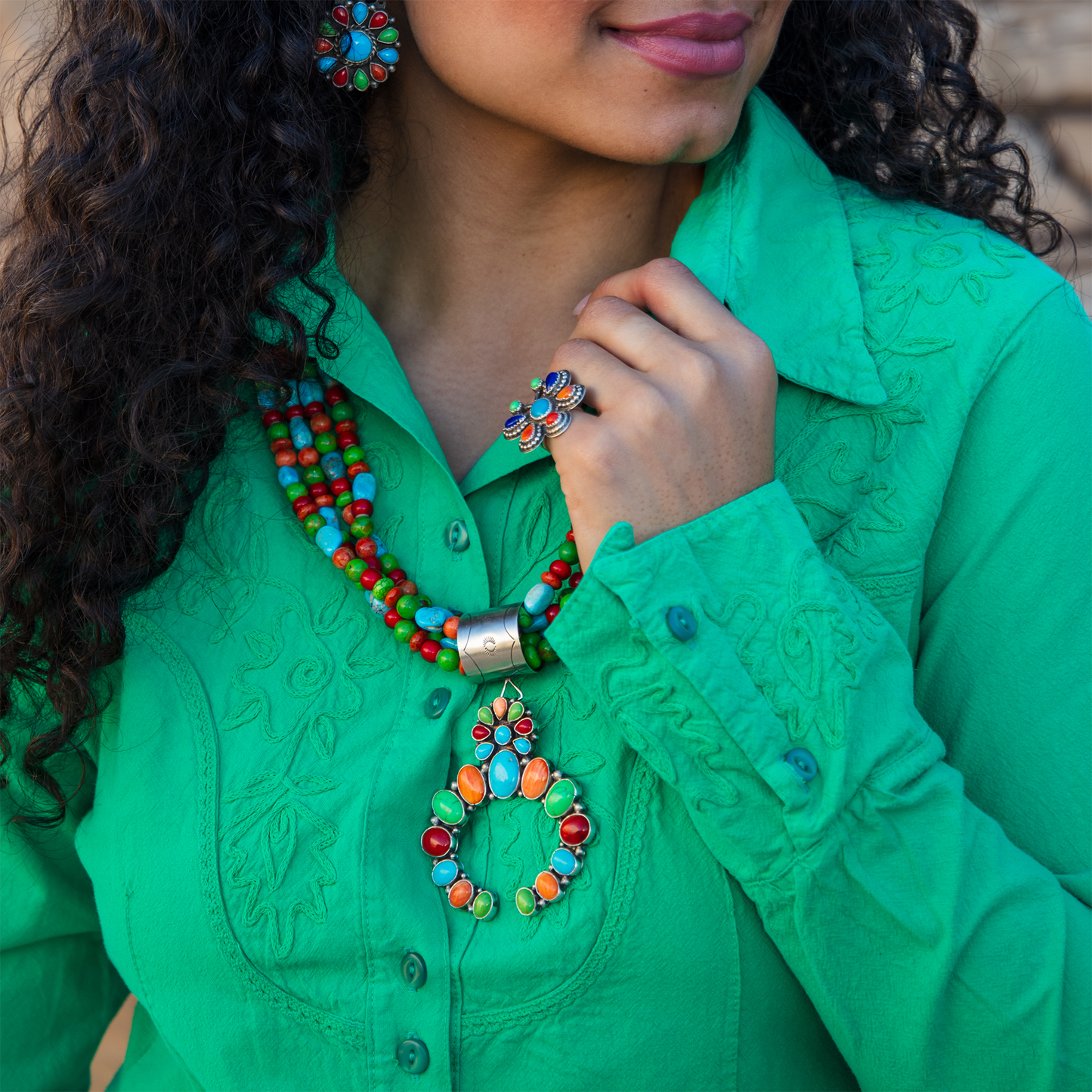 Blue Turquoise, Coral, Spiny Oyster, and Mojave Turquoise Naja Pendant
