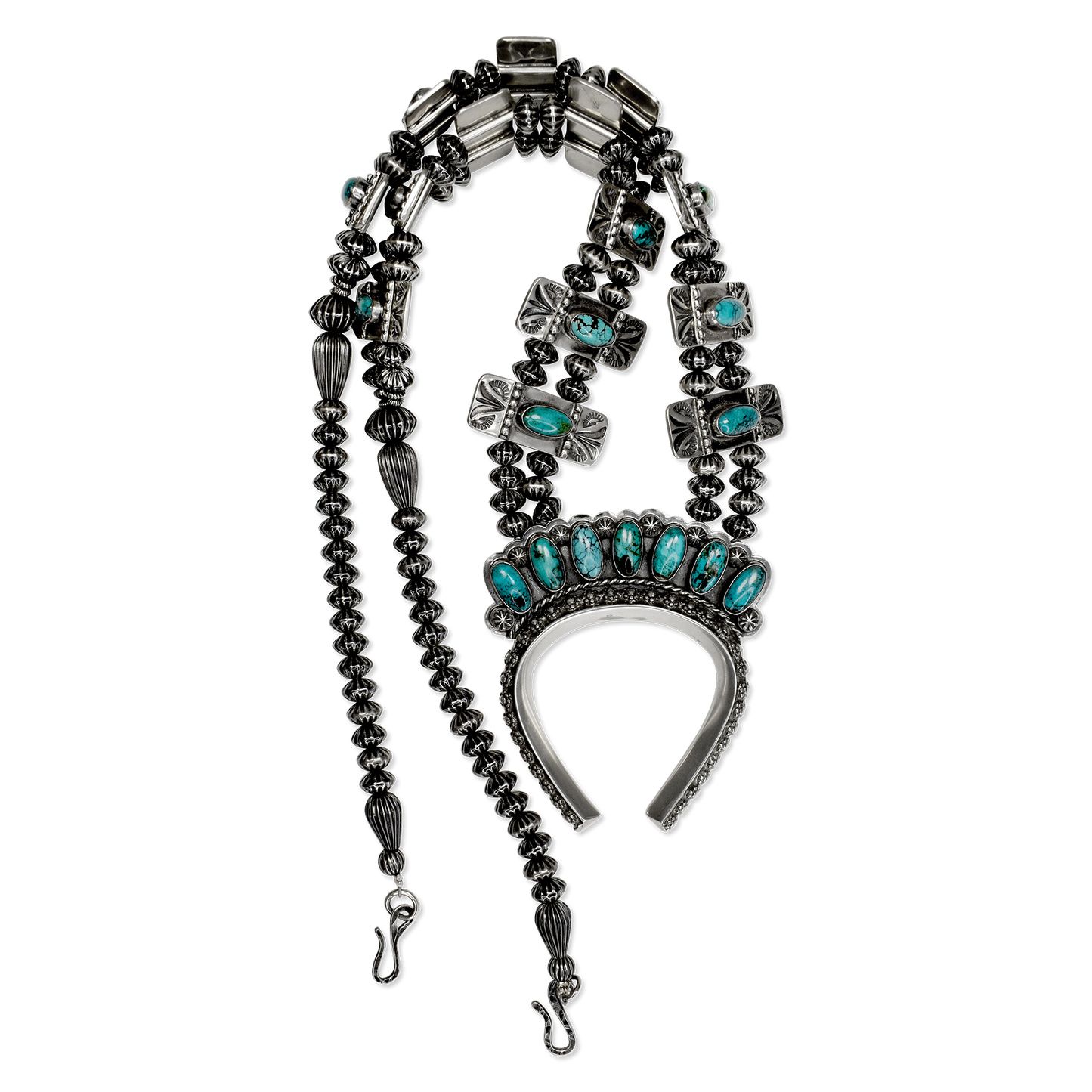 Kingman Turquoise Double-Strand Squash Blossom Necklace with Naja by Teller Indian Jewelry