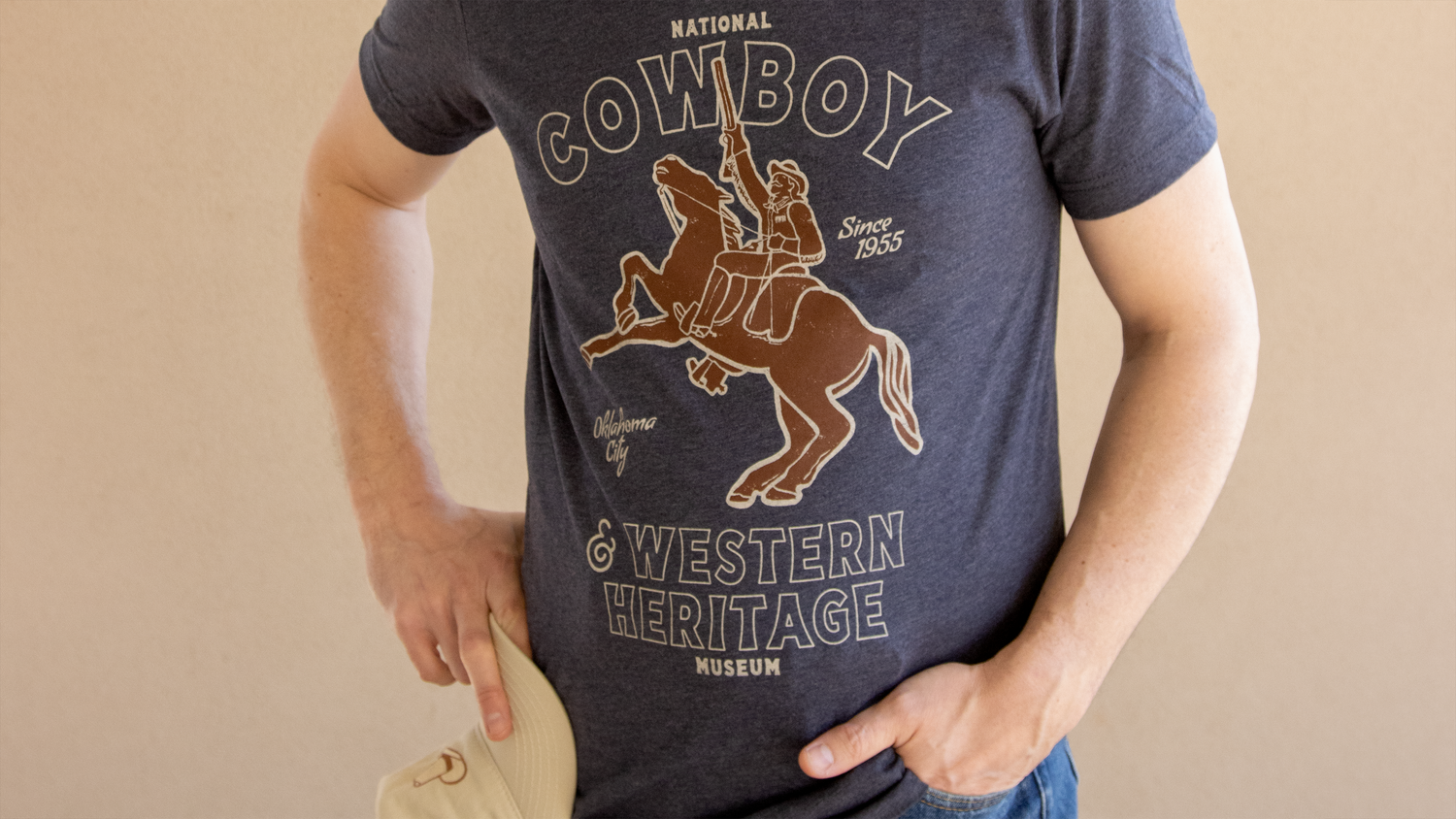 Man wearing National Cowboy & Western Heritage Museum t-shirt
