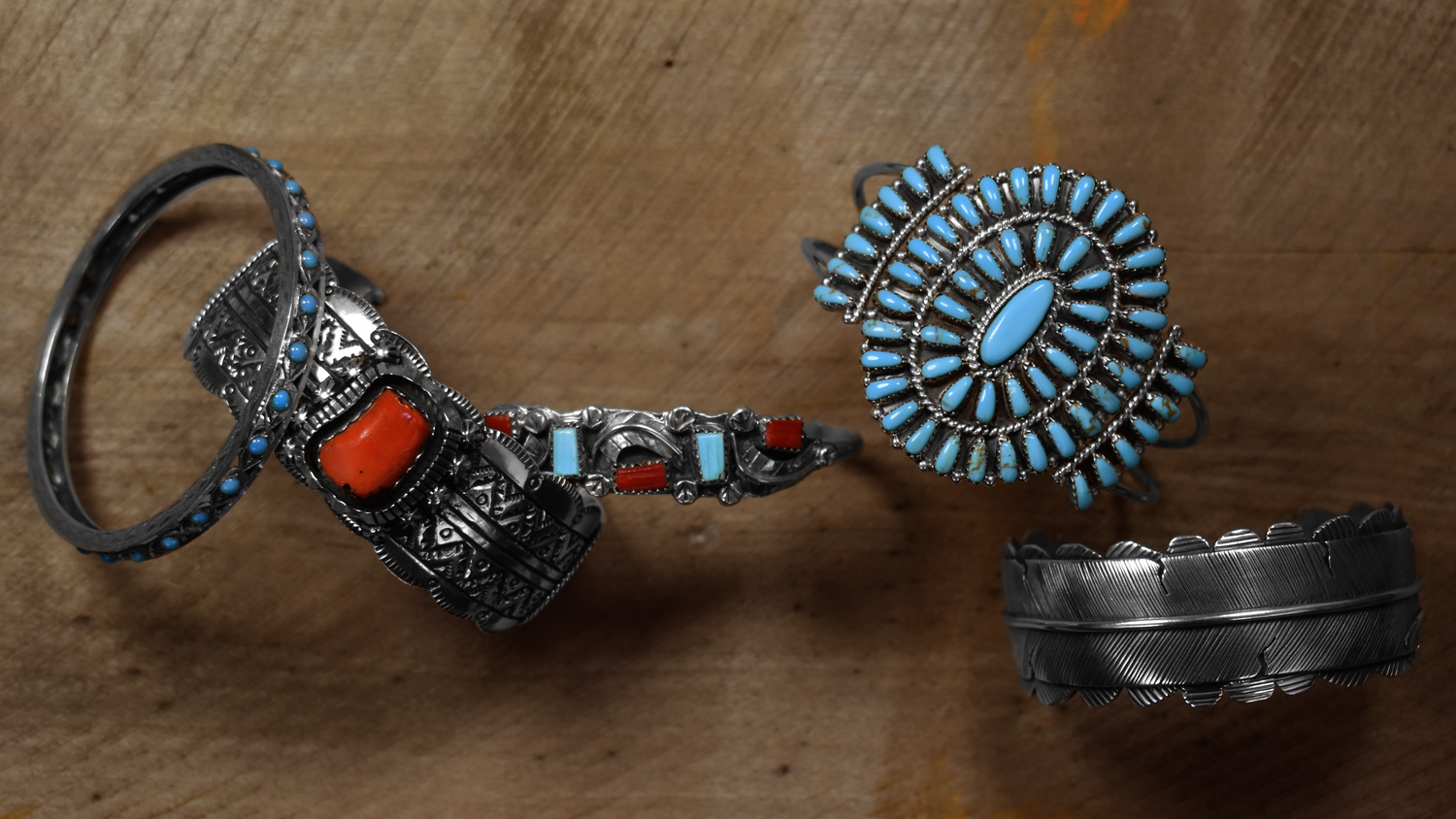 Silver and turquoise Native American cuffs