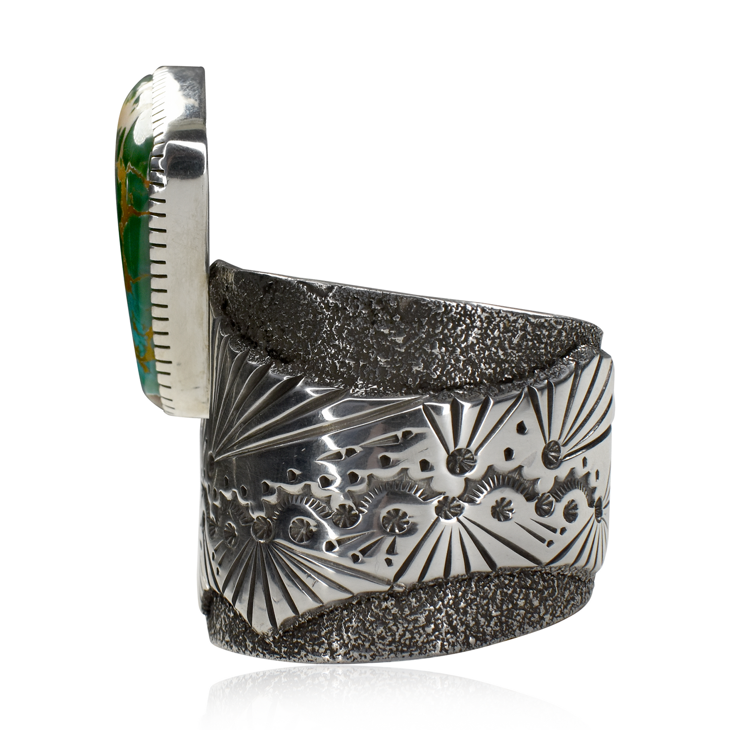 Pilot Mountain Turquoise Sand Cast Cuff with Etching by David Tune