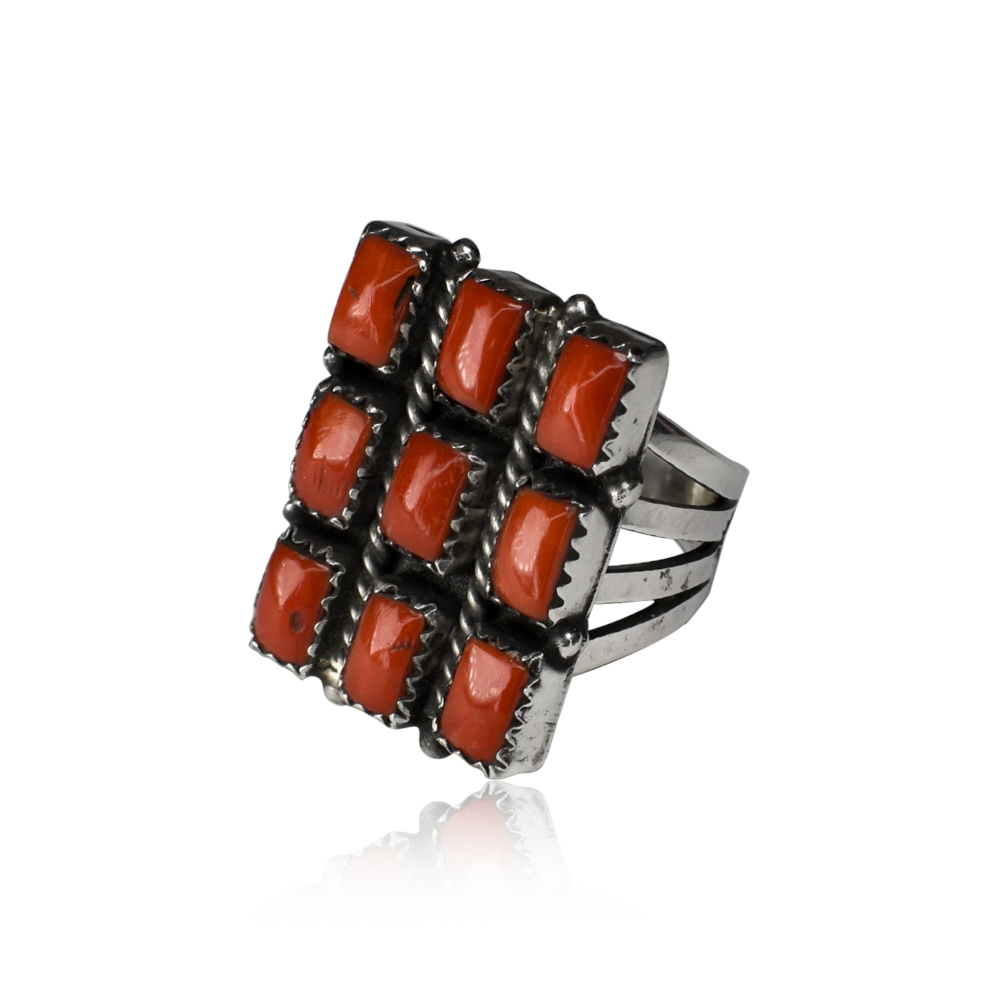 Rectangular Nine Stone Noble Coral Ring by Shirley Henry