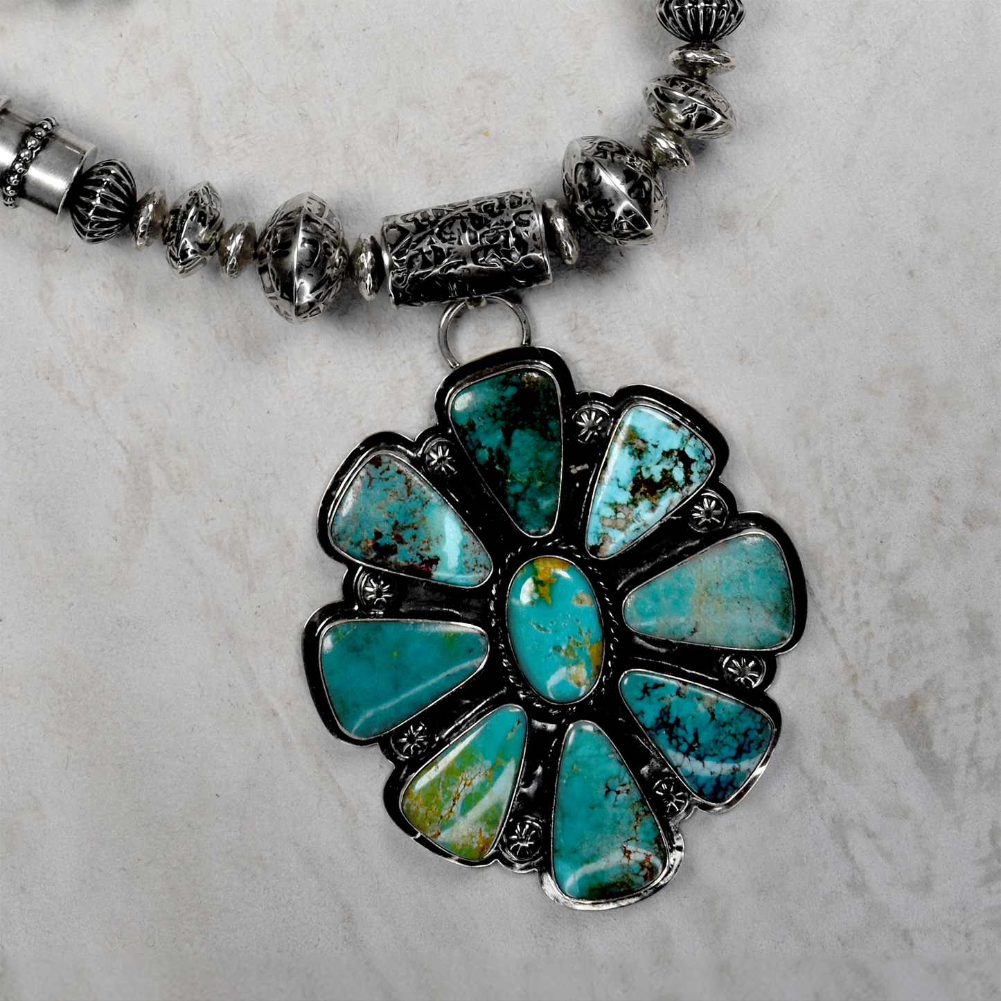 Royston Turquoise Bloom Necklace with Hand-Tooled Barrel Beads by Teller Indian Jewelry