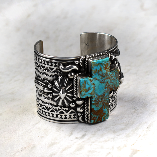 Royston Turquoise Cross Tooled and Stamped Silver Cuff by Albert Jake