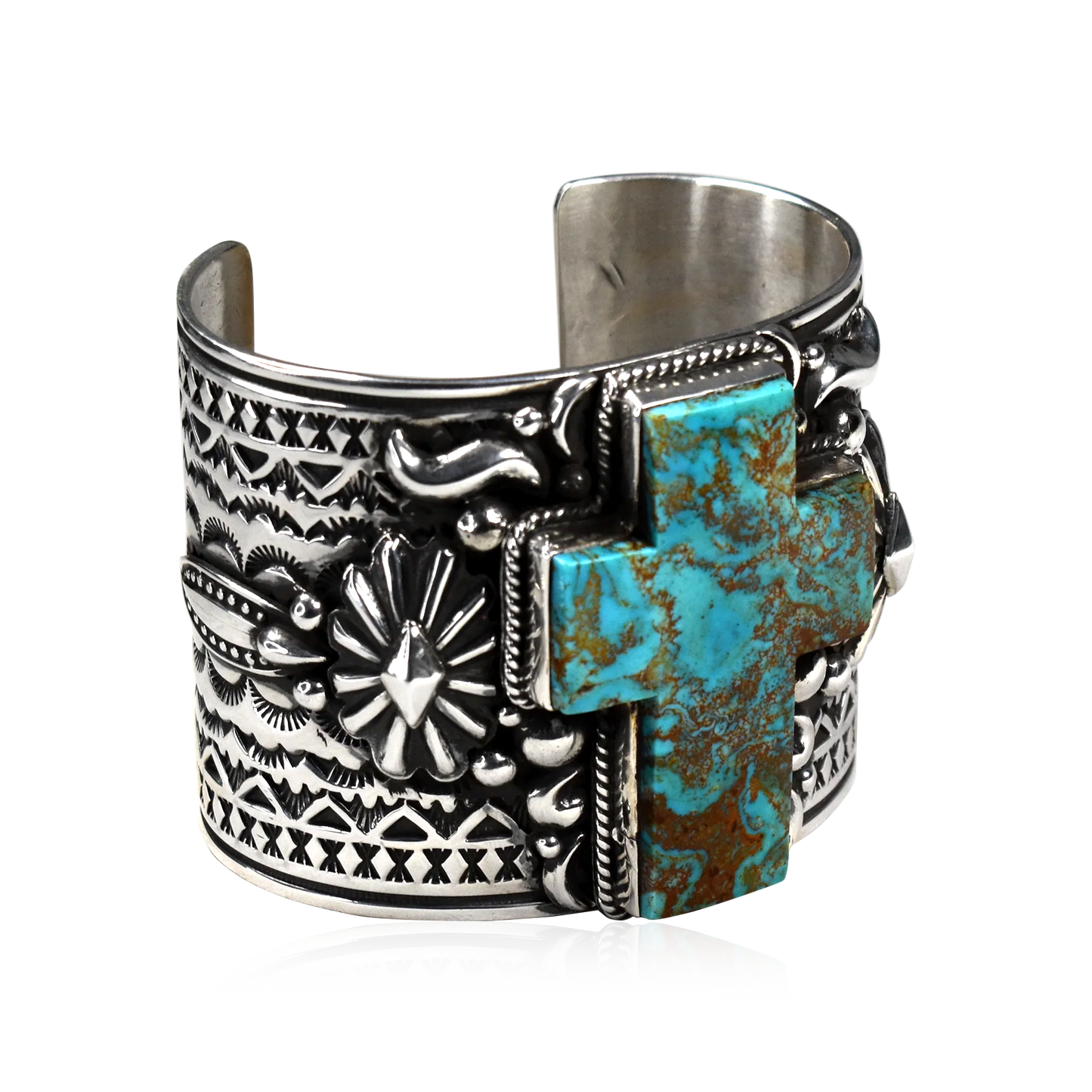 Royston Turquoise Cross Tooled and Stamped Silver Cuff by Albert Jake