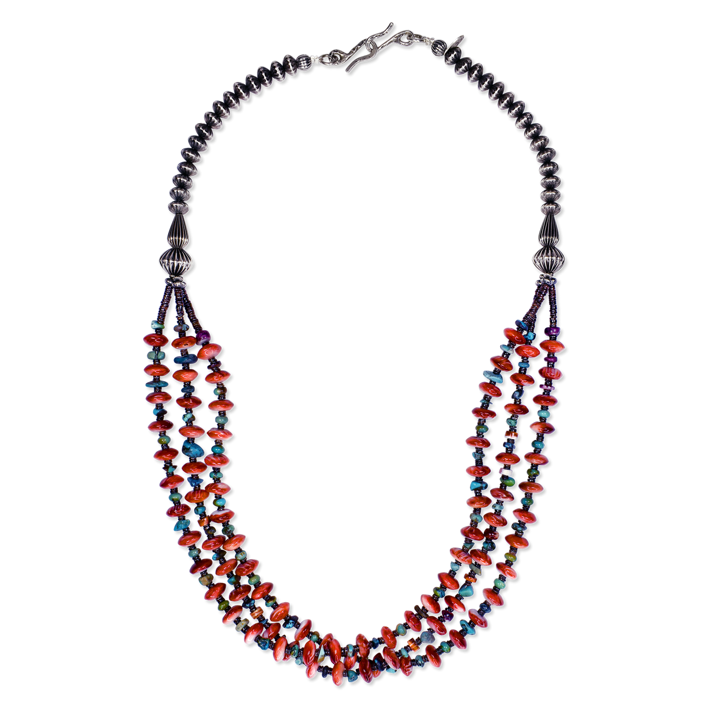 Spiny Oyster, Turquoise & Heishi Bead Necklace with Sterling Pillow Beads by Teller Indian Jewelry