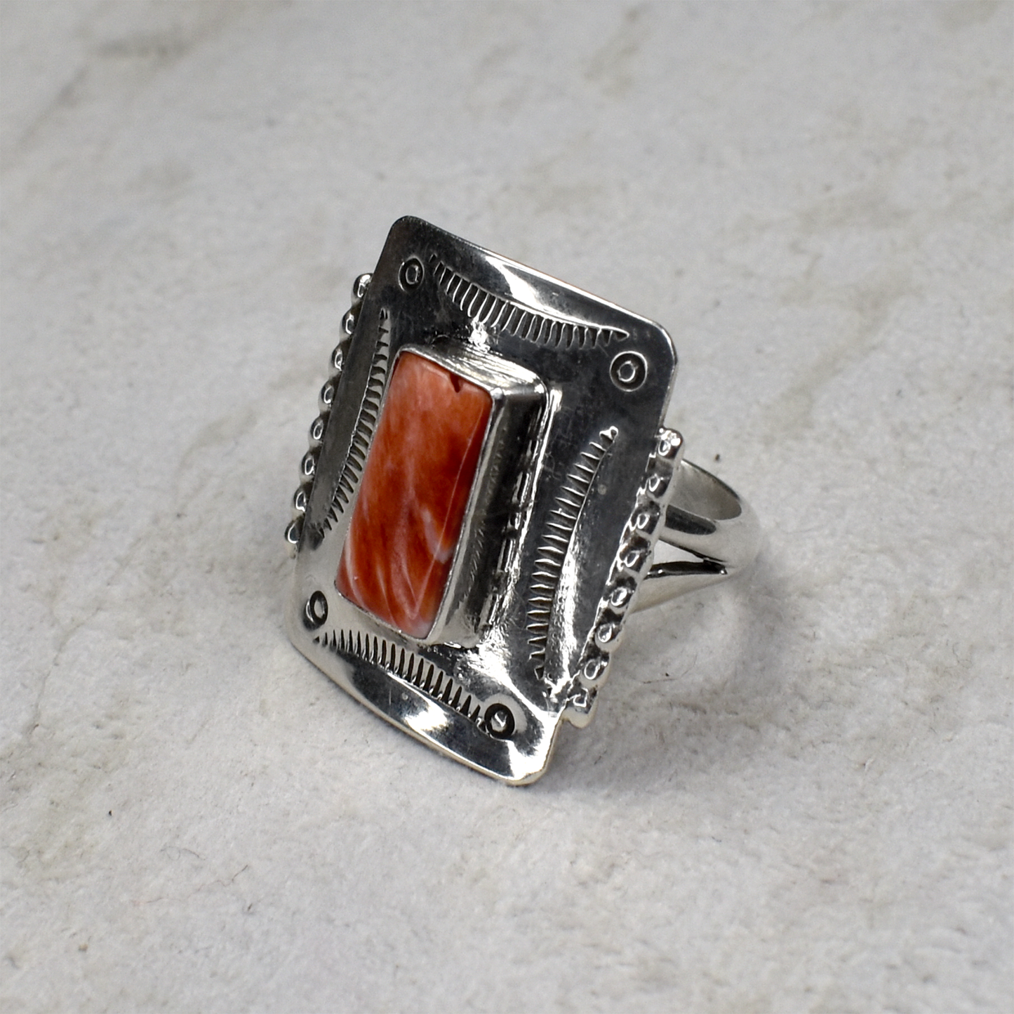 Stamped Rectangular Spiny Oyster Shield Ring by Ruth Ann Begay