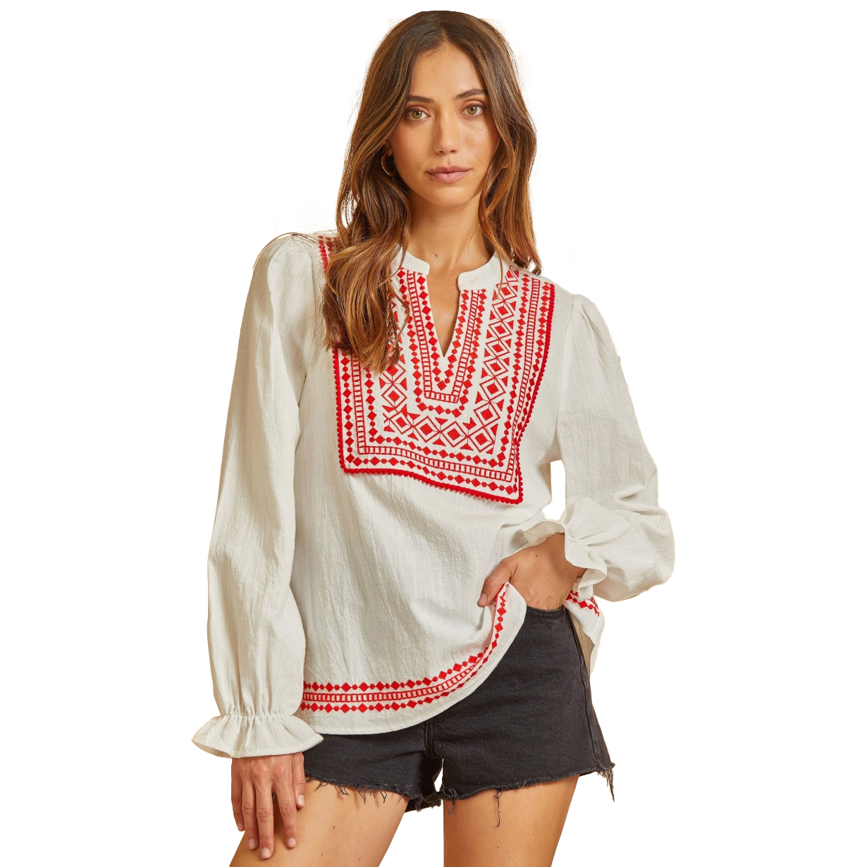 Ellie Split Neck Embroidered Blouse - Ivory/Red