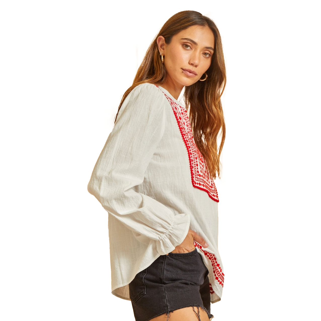 Ellie Split Neck Embroidered Blouse - Ivory/Red