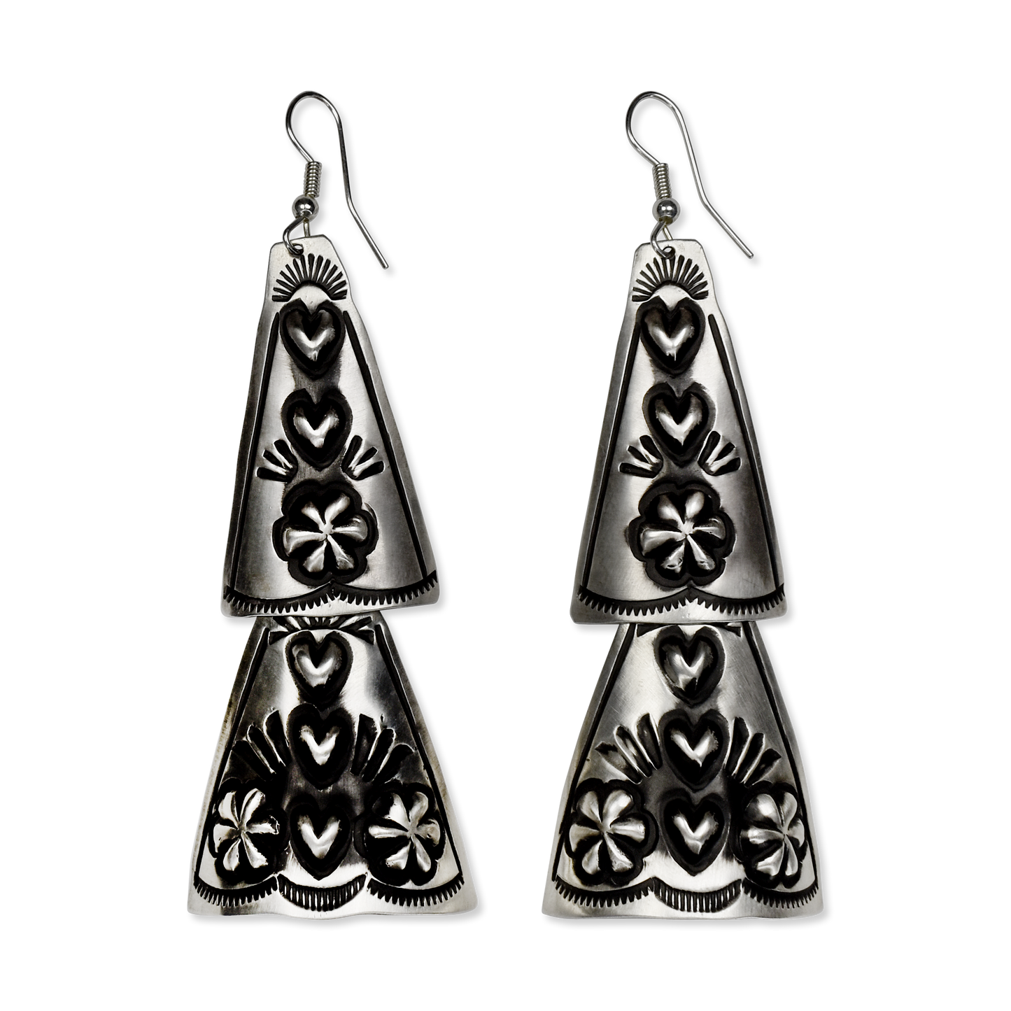 Two Tier Triangular Articulated Repoussé Heart & Flower Dangles by Leander Tahe