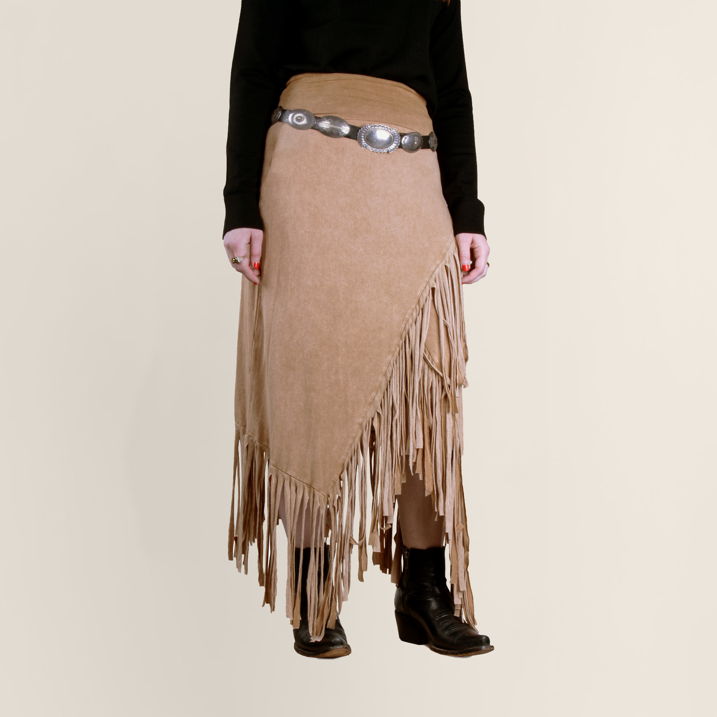 Rhonda Stark Asymmetrical Fringe Knit Skirt - Camel