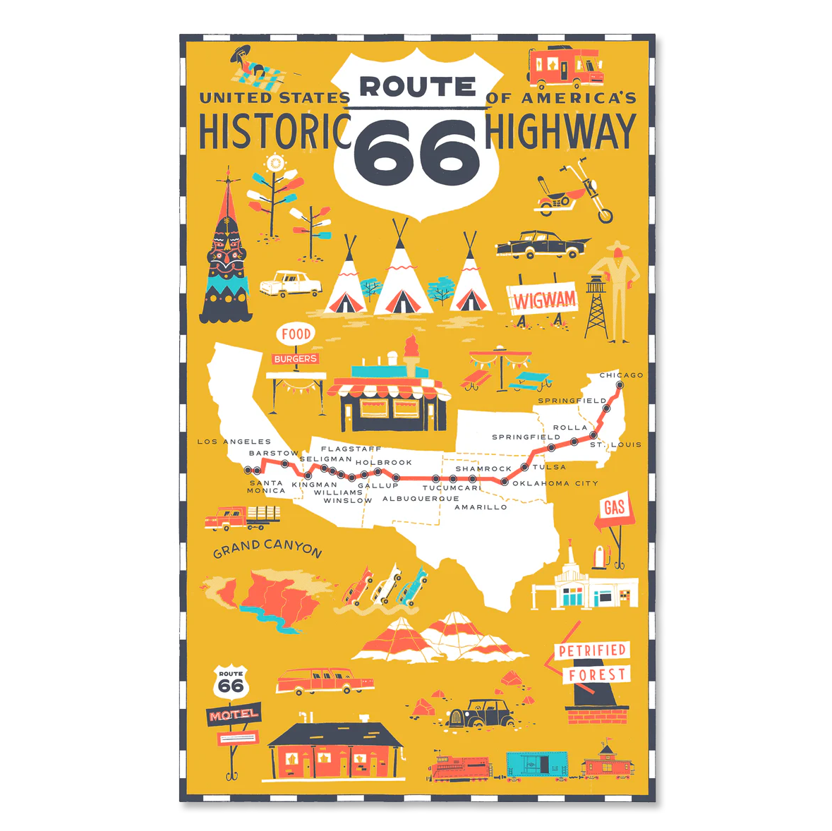 Route 66 Map by Bill Rebholz Cotton Tea Towel
