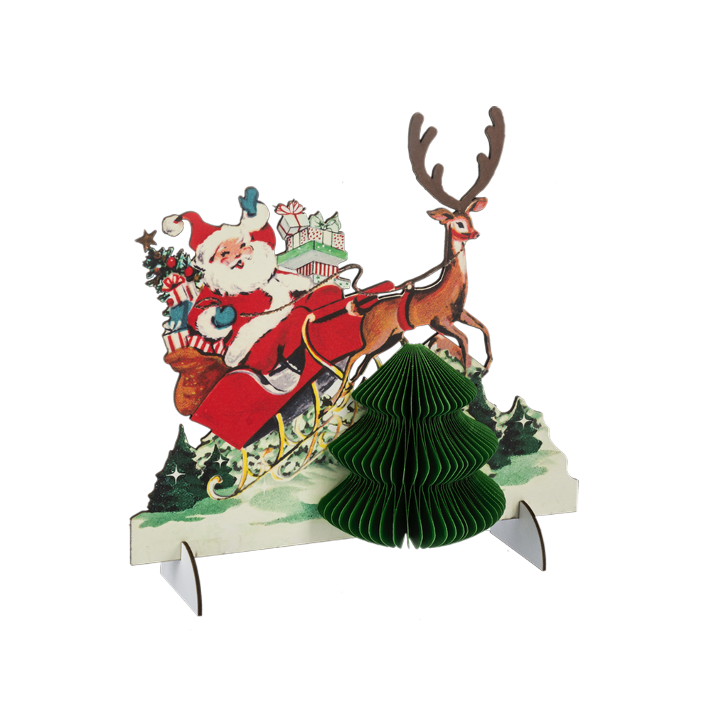 Vintage Paper Santa in Sleigh with Honeycomb Tree Figurine