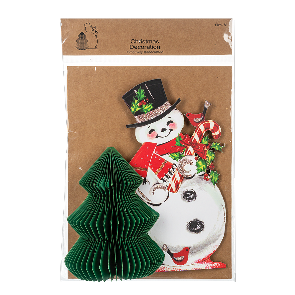 Vintage Paper Snowman with Honeycomb Tree Figurine