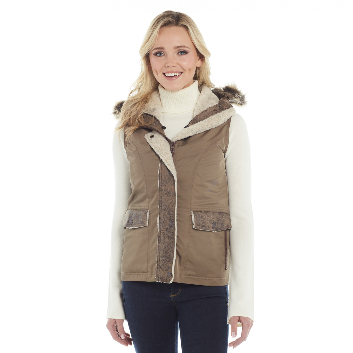 Water Resistant Hooded Vest with Faux Fur Trim and Concealed Carry Pocket - Khaki