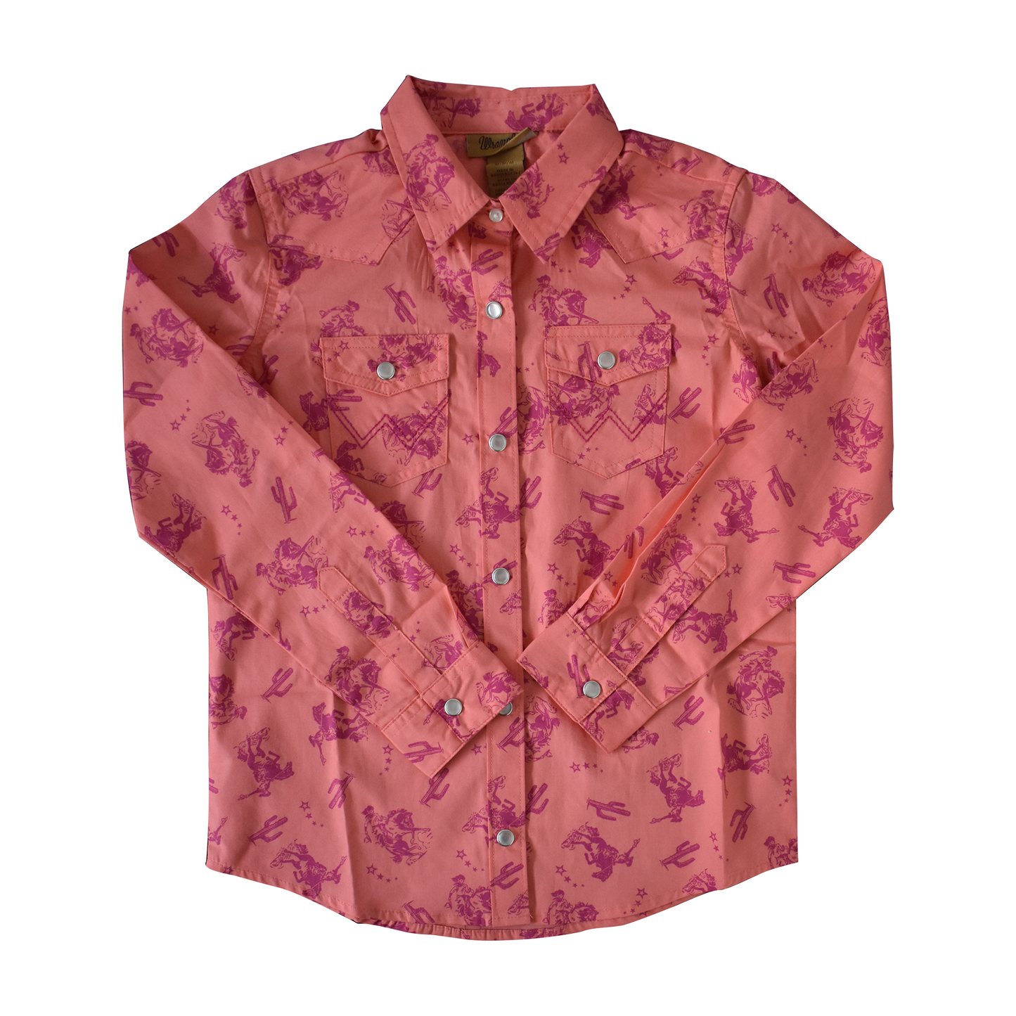 Wrangler Girls' Cowgirl Print Coral Long-Sleeved Snap Shirt