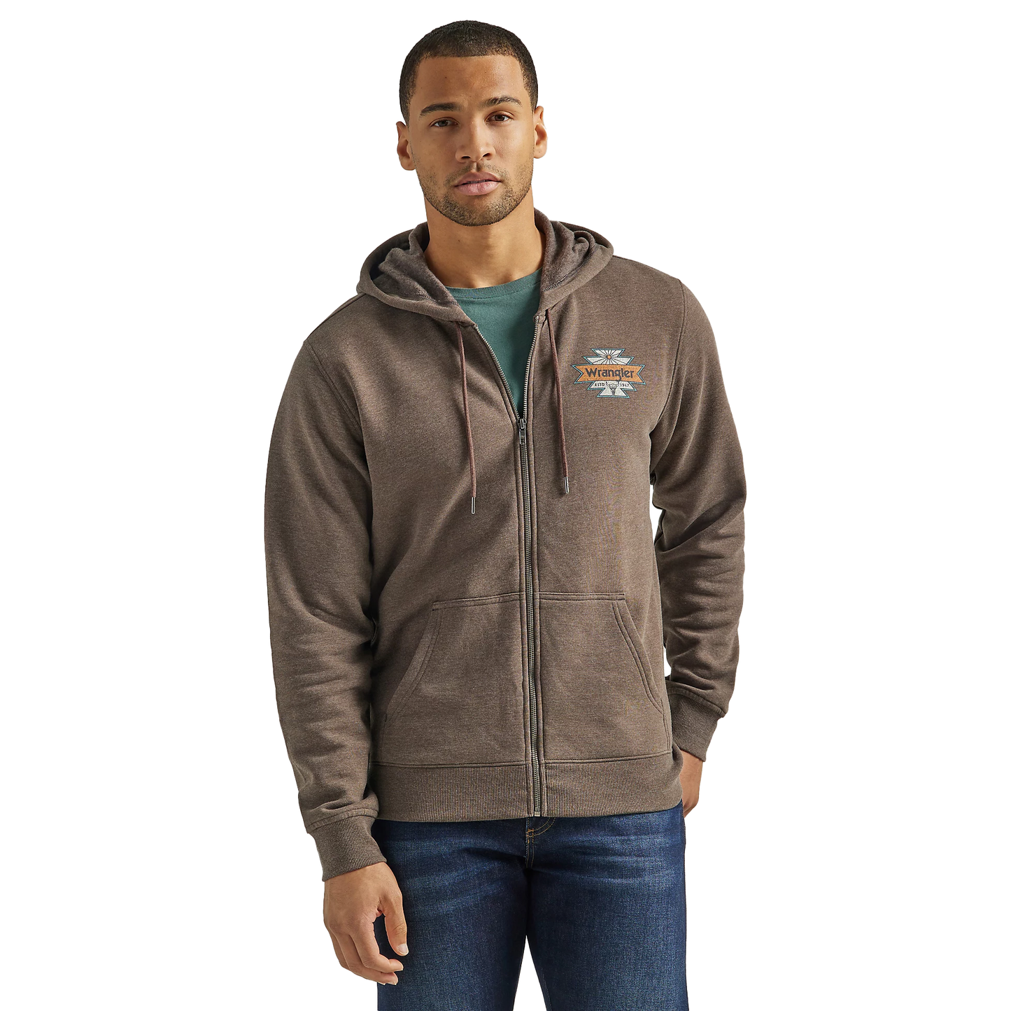 Wrangler Men's Back Graphic Logo Full Zip Up Hoodie - Brown Heather