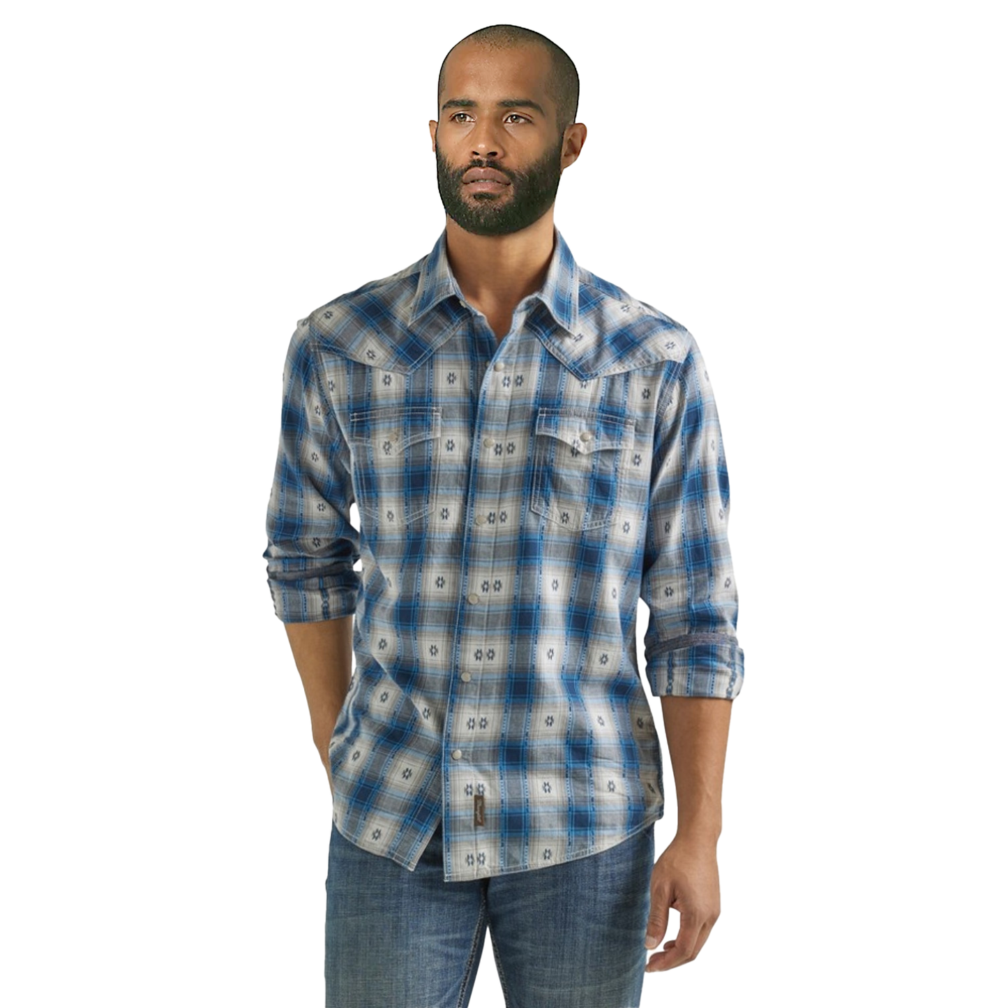 Wrangler Men's Retro® Long Sleeve Western Snap Plaid Shirt - Aztec Blue/Grey