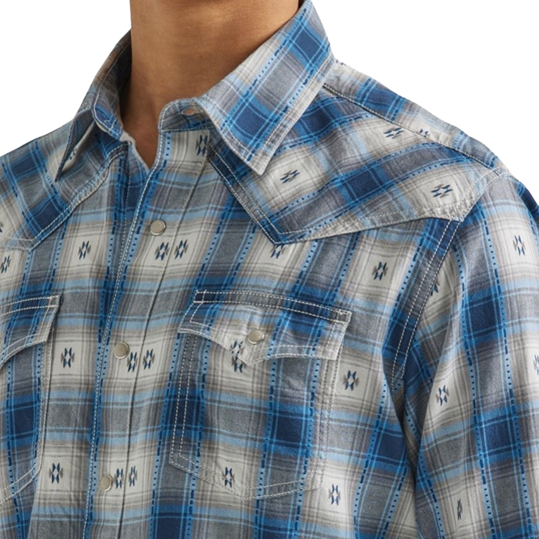 Wrangler Men's Retro® Long Sleeve Western Snap Plaid Shirt - Aztec Blue/Grey