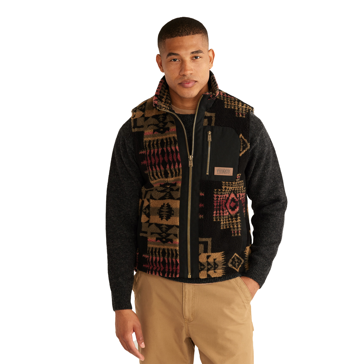 Pendleton Men's Ridgeline Berber Fleece Vest - Black/Olive Chief Joseph