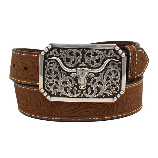 Men's Floral Embossed Longhorn Buckle Leather Western Belt