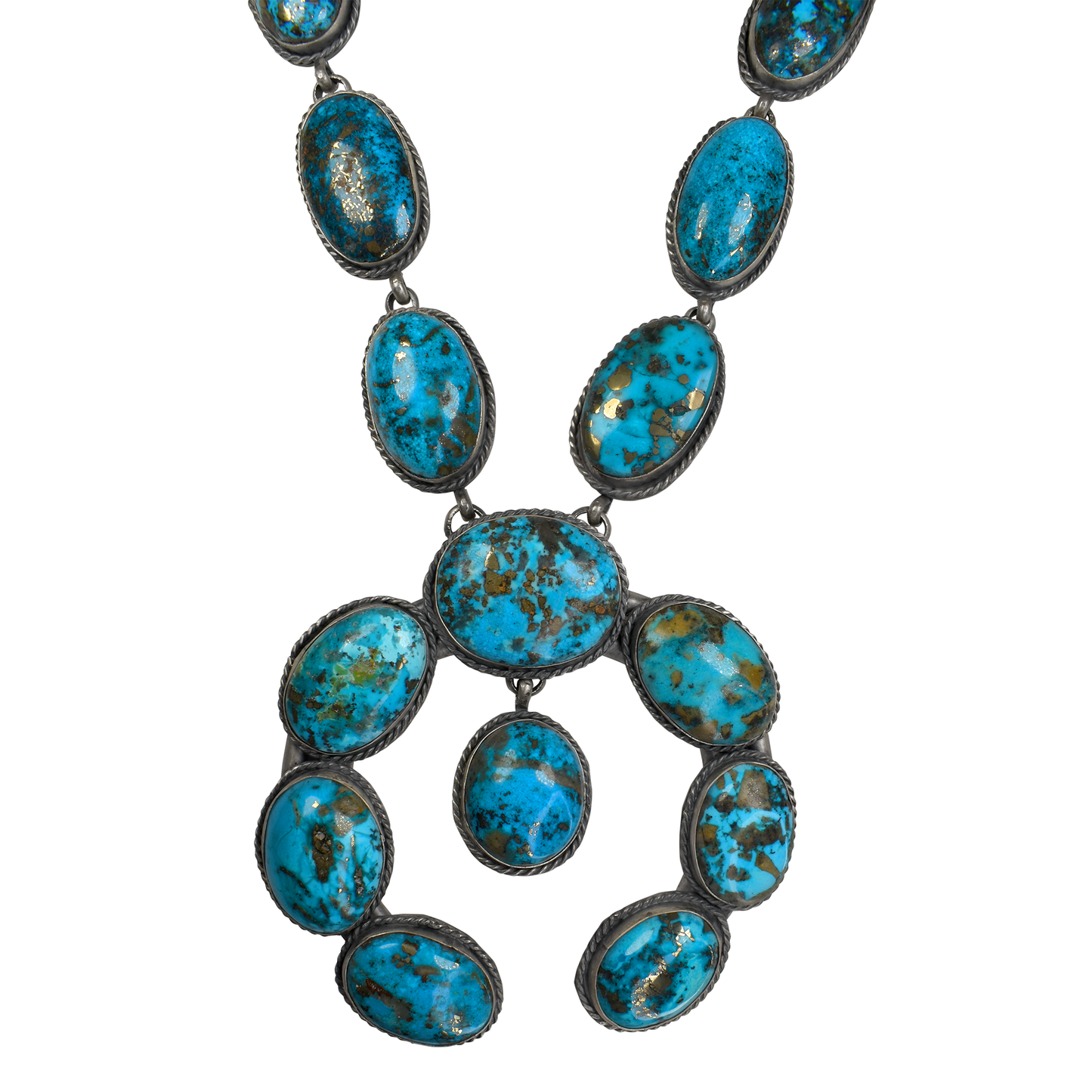 High Grade Natural Persian Turquoise Squash Blossom Necklace by Gilbert Nez