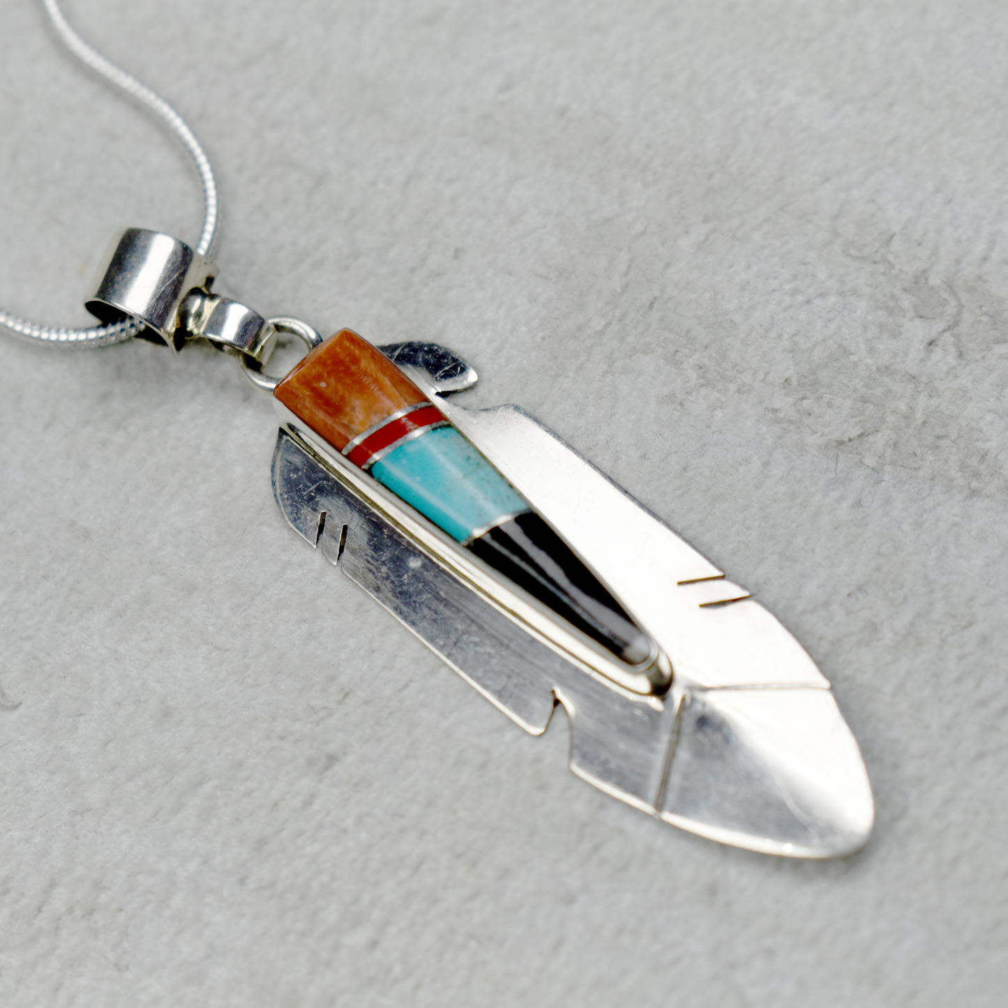 Feather Pendant Necklace with Center Inlay by Marilyn Yazzie