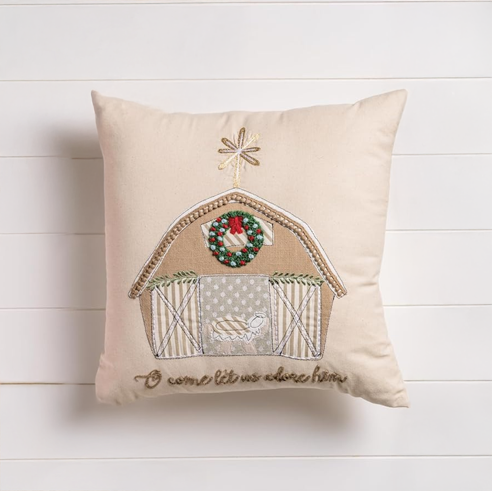 Christmas Nativity Barn Embroidered Cotton Pillow